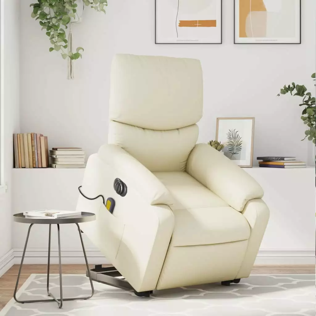 vidaXL Electric Stand up Massage Recliner Chair Cream Faux Leather Comfortable Lounge Chair