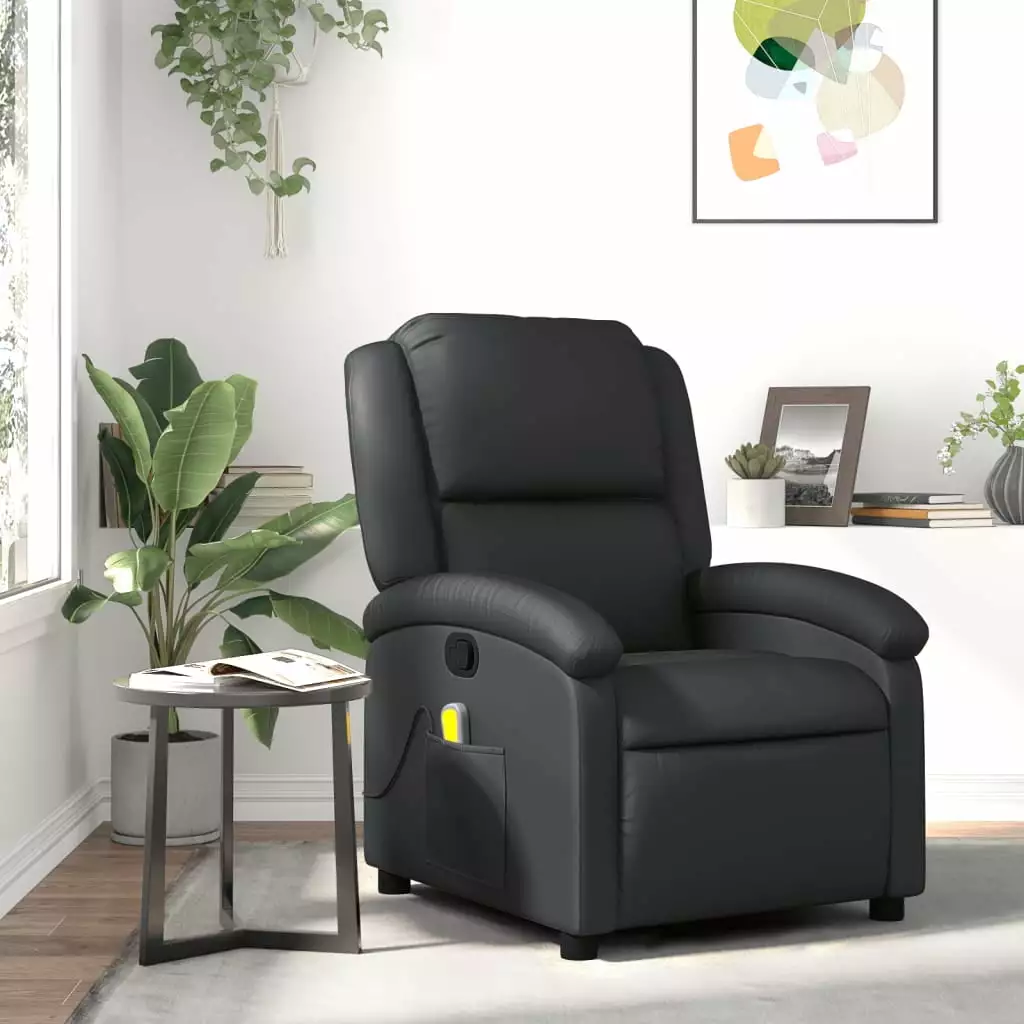 vidaXL Massage Recliner Chair Black Real Leather - Heated Massage Recliner Living Room