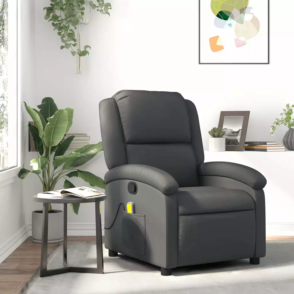 vidaXL Massage Recliner Chair Gray Real Leather - Comfortable Lounge Chair