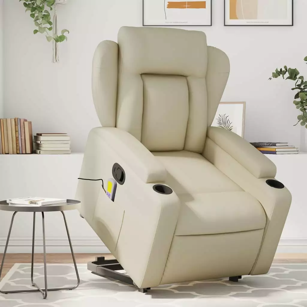 vidaXL Stand up Massage Recliner Chair Cream Faux Leather Comfortable Design