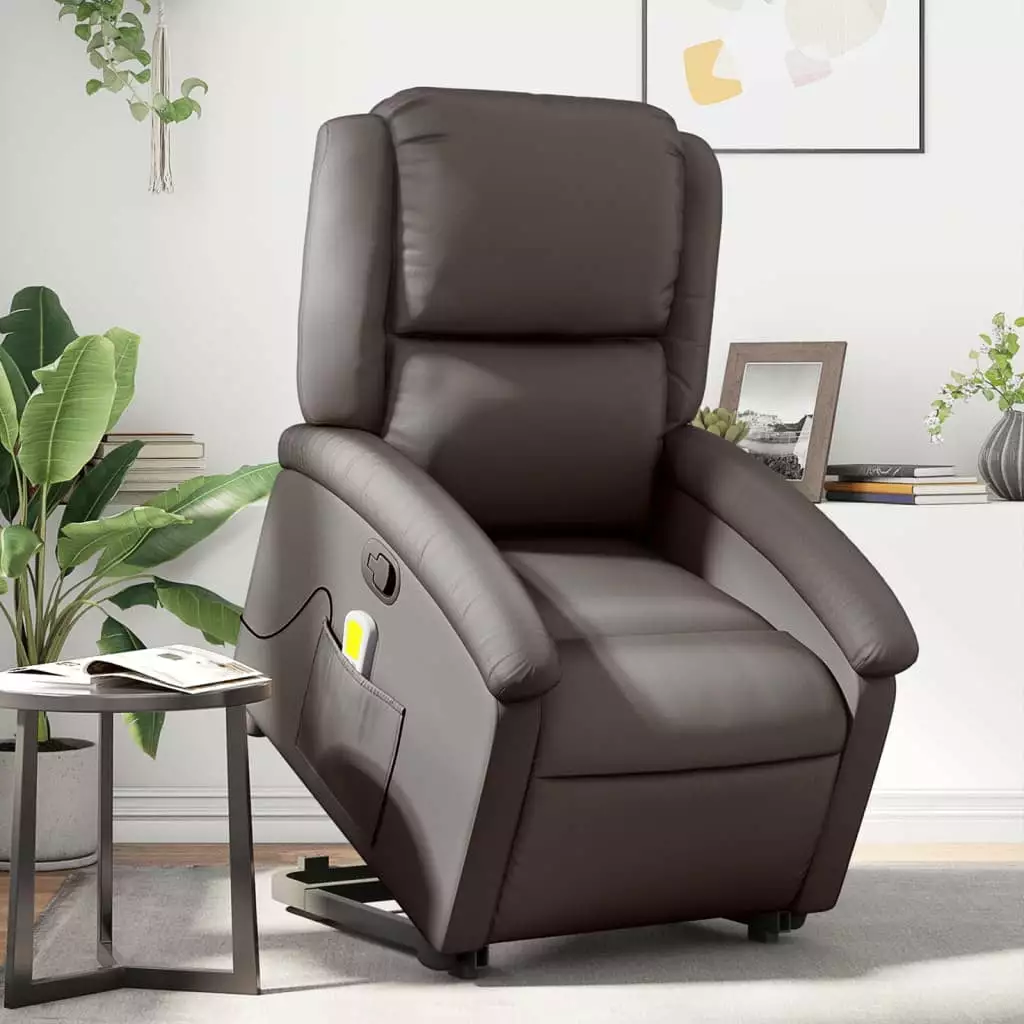 vidaXL Stand Up Massage Recliner Chair Dark Brown Real Leather