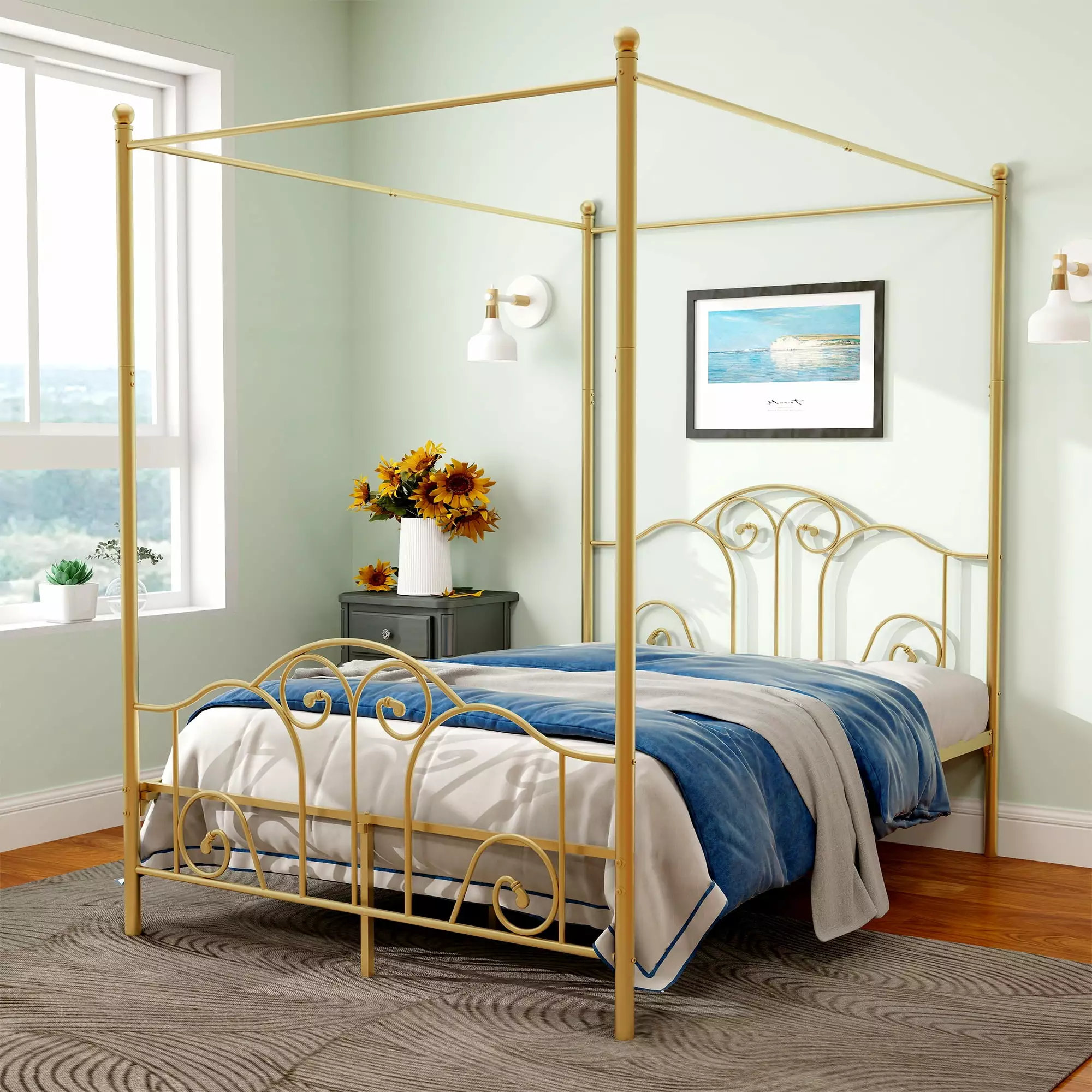 Alazyhome Full Size Canopy Metal Bed Frame Metal Slat Support Gold