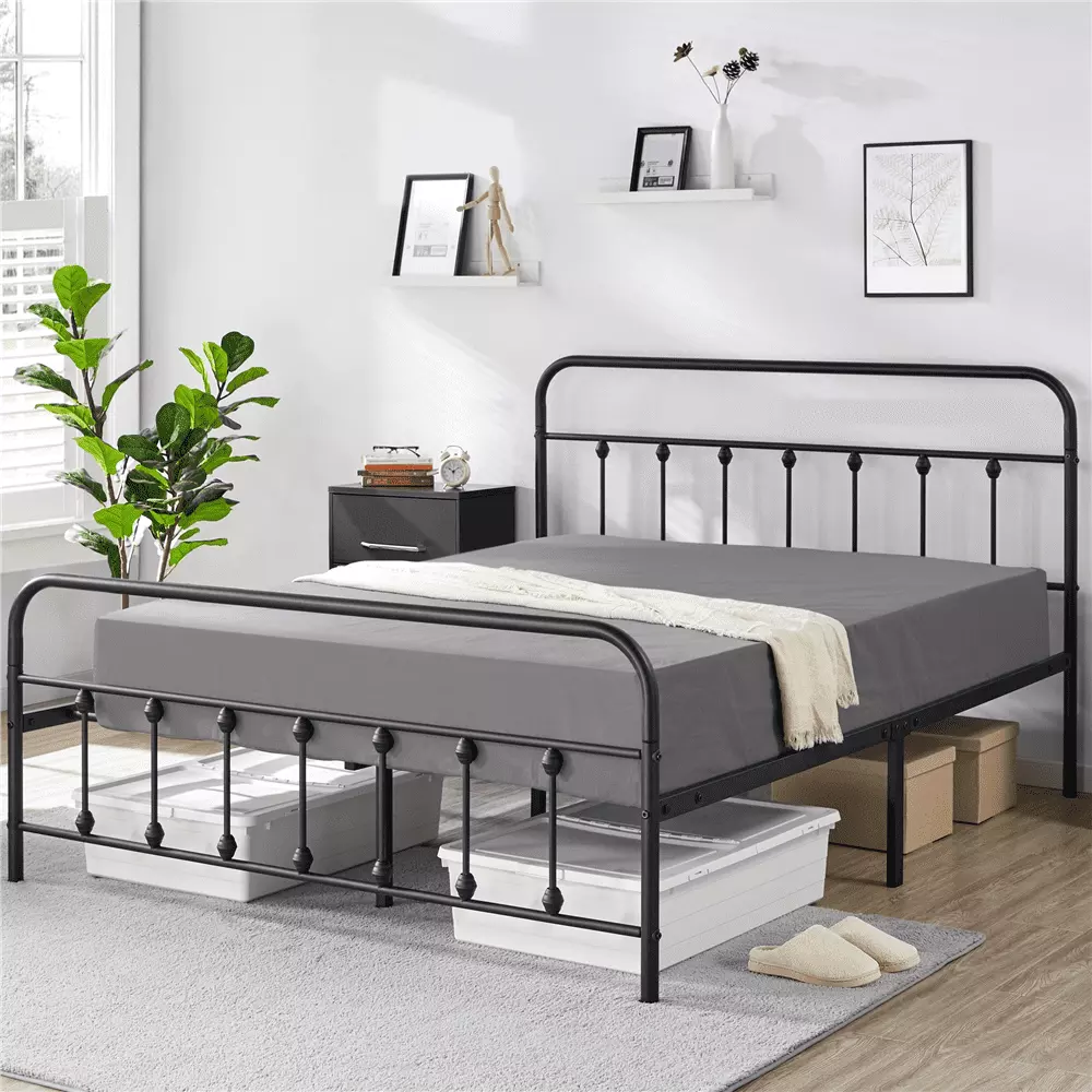 Alden Design Queen Size Metal Platform Bed High Headboard Black