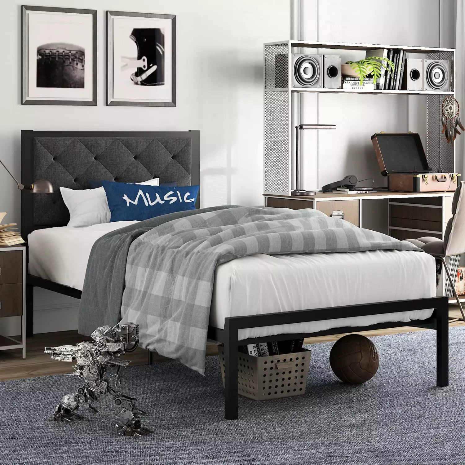 Amolife Twin Size Metal Bed Frame Upholstered Headboard Dark Gray Modern Bed Frame