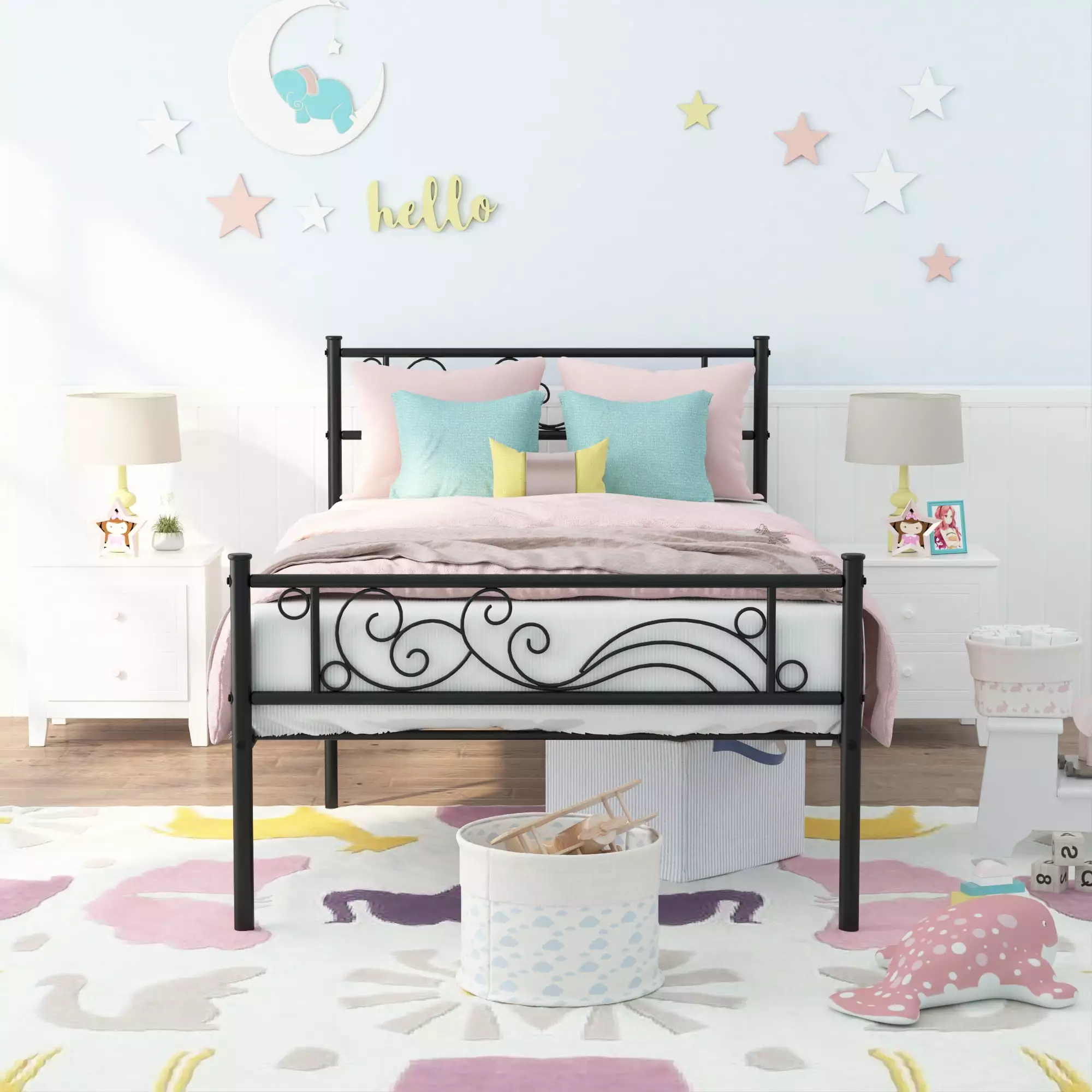 Weehom Twin Metal Bed Frame Headboard and Footboard Black GEZEN