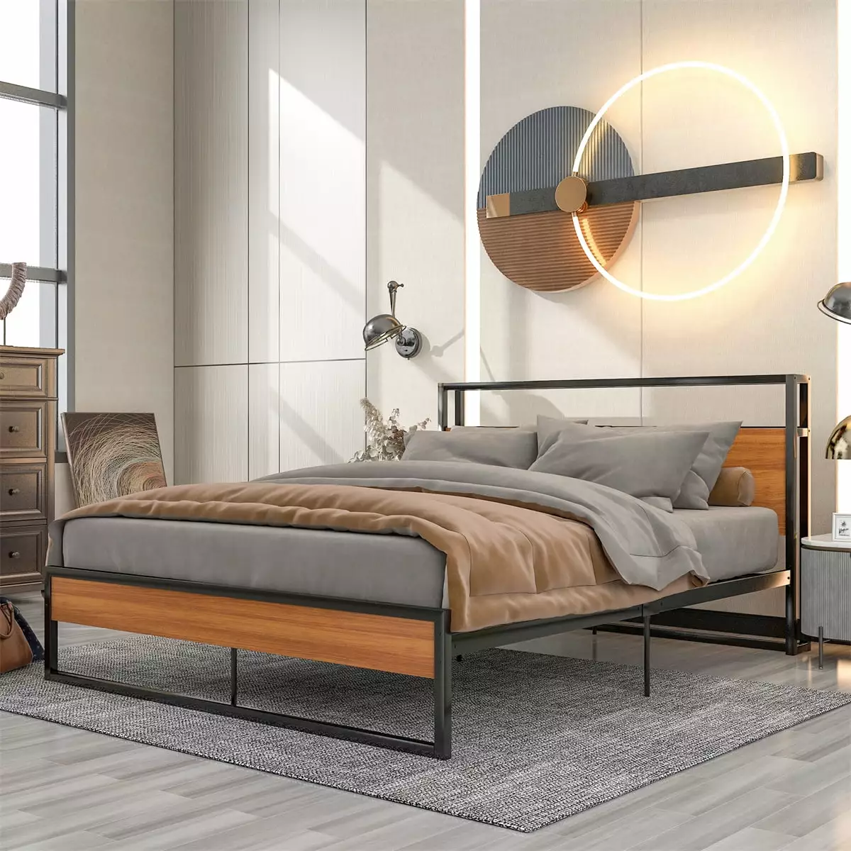 INCLAKE Queen Size Metal Platform Bed Frame USB Ports and Slat Support No Box Spring Needed Easy Assembly Black