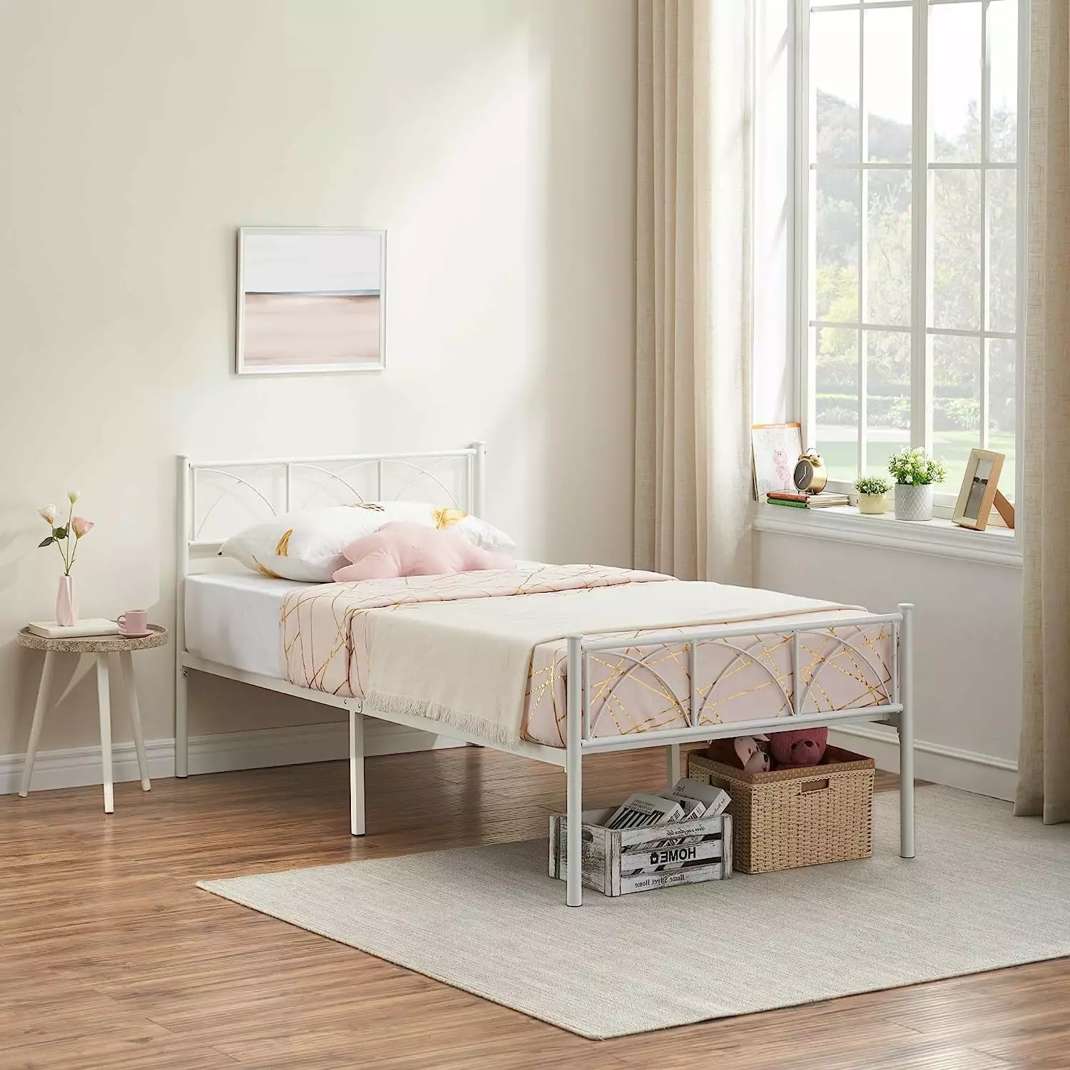 Shininglove White Twin Size Metal Bed Frame Headboard and Footboard Simple Assembly