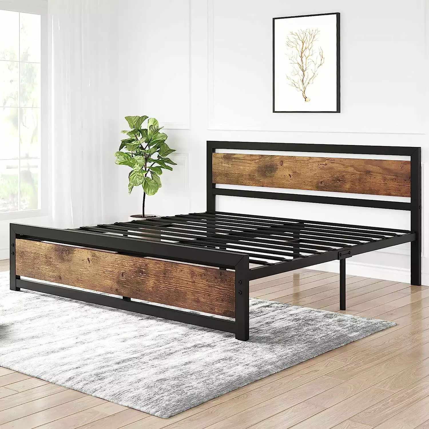Yesurprise Full Metal Bed Frame Wooden Headboard and Footboard No Box Spring Needed Noise Free Brown