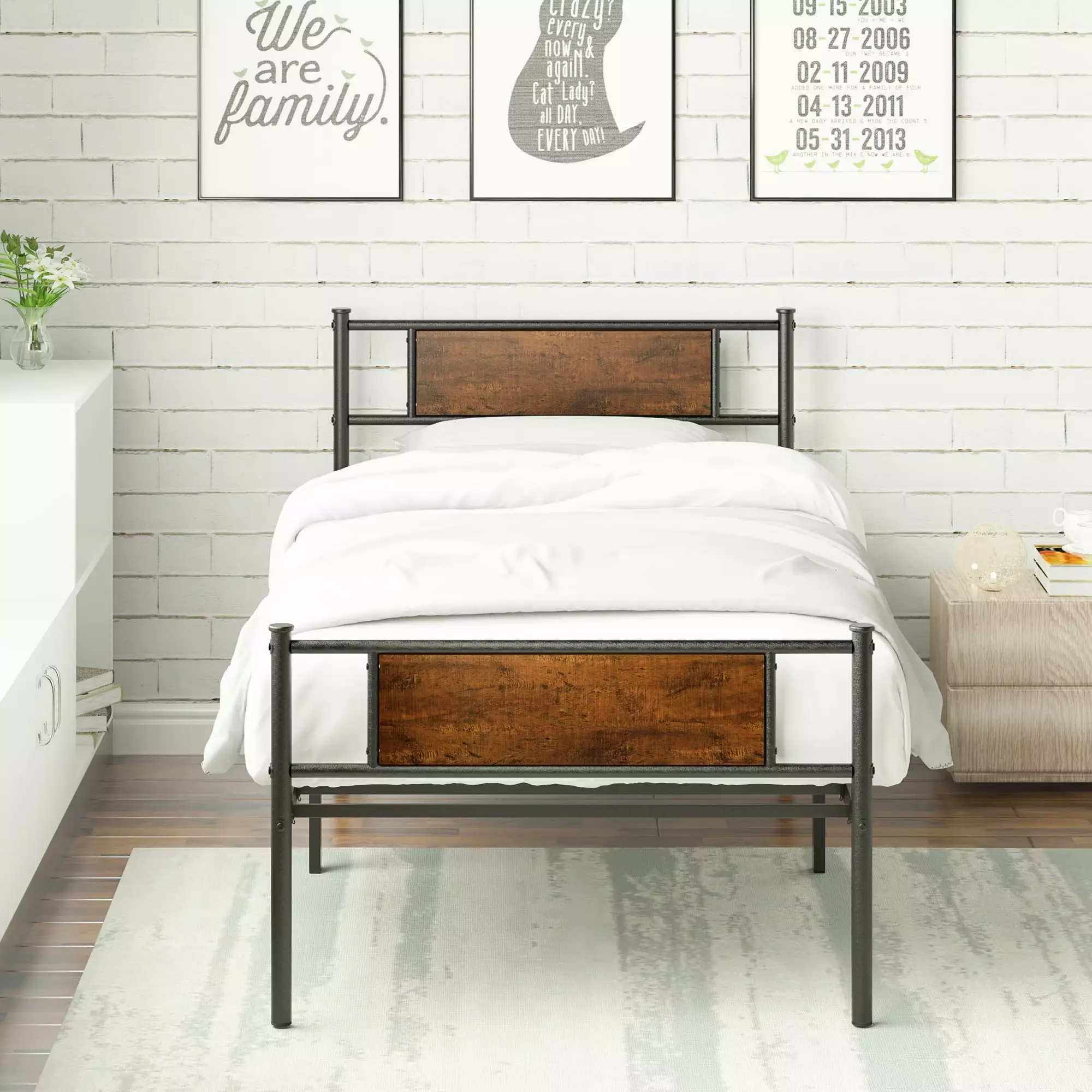 Yoneston Metal Twin Bed Frame Wood Headboard Retro Platform Bed Kids