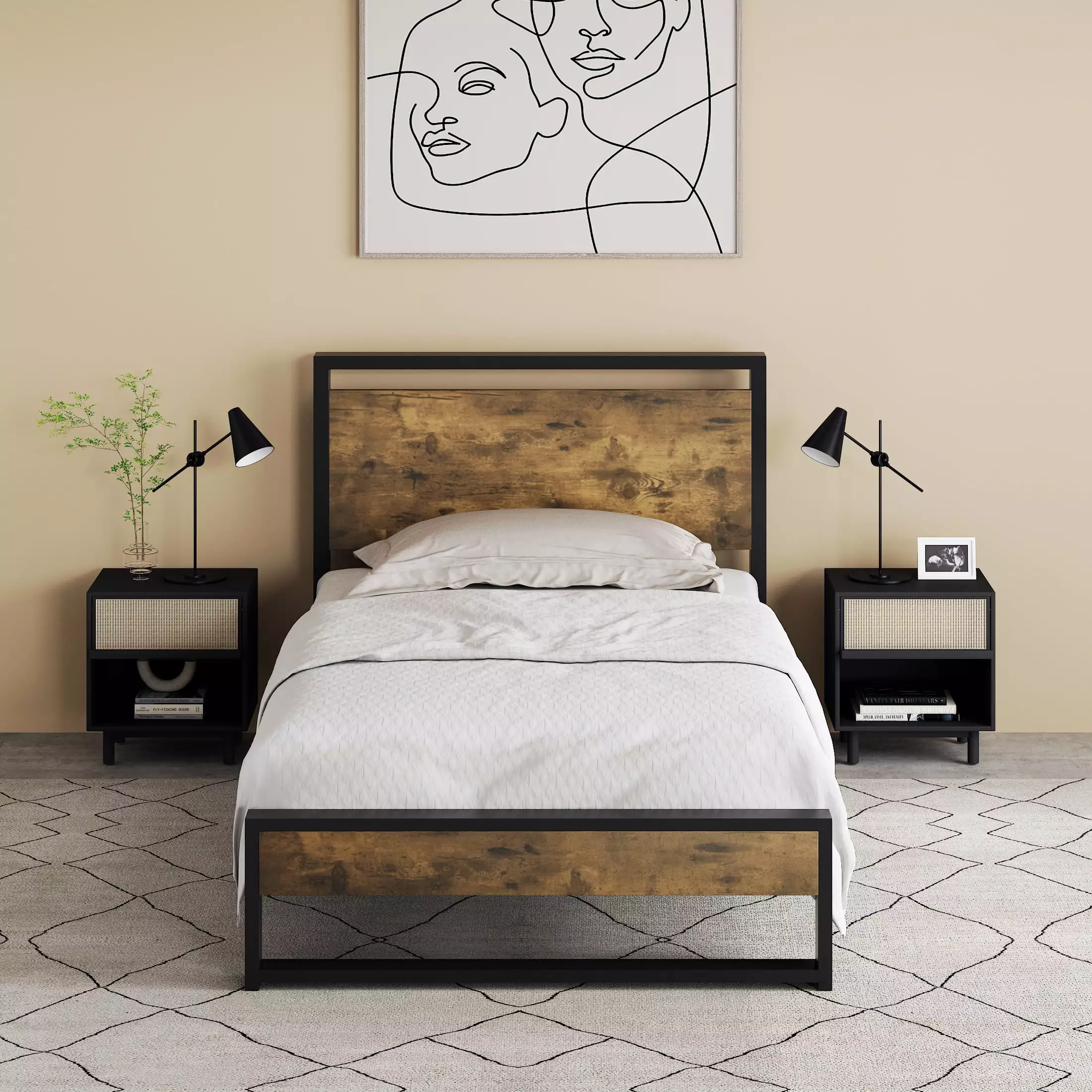Allewie Twin Size Modern Bed Frame Wooden Headboard Heavy Duty Metal Platform Bed Rustic Brown