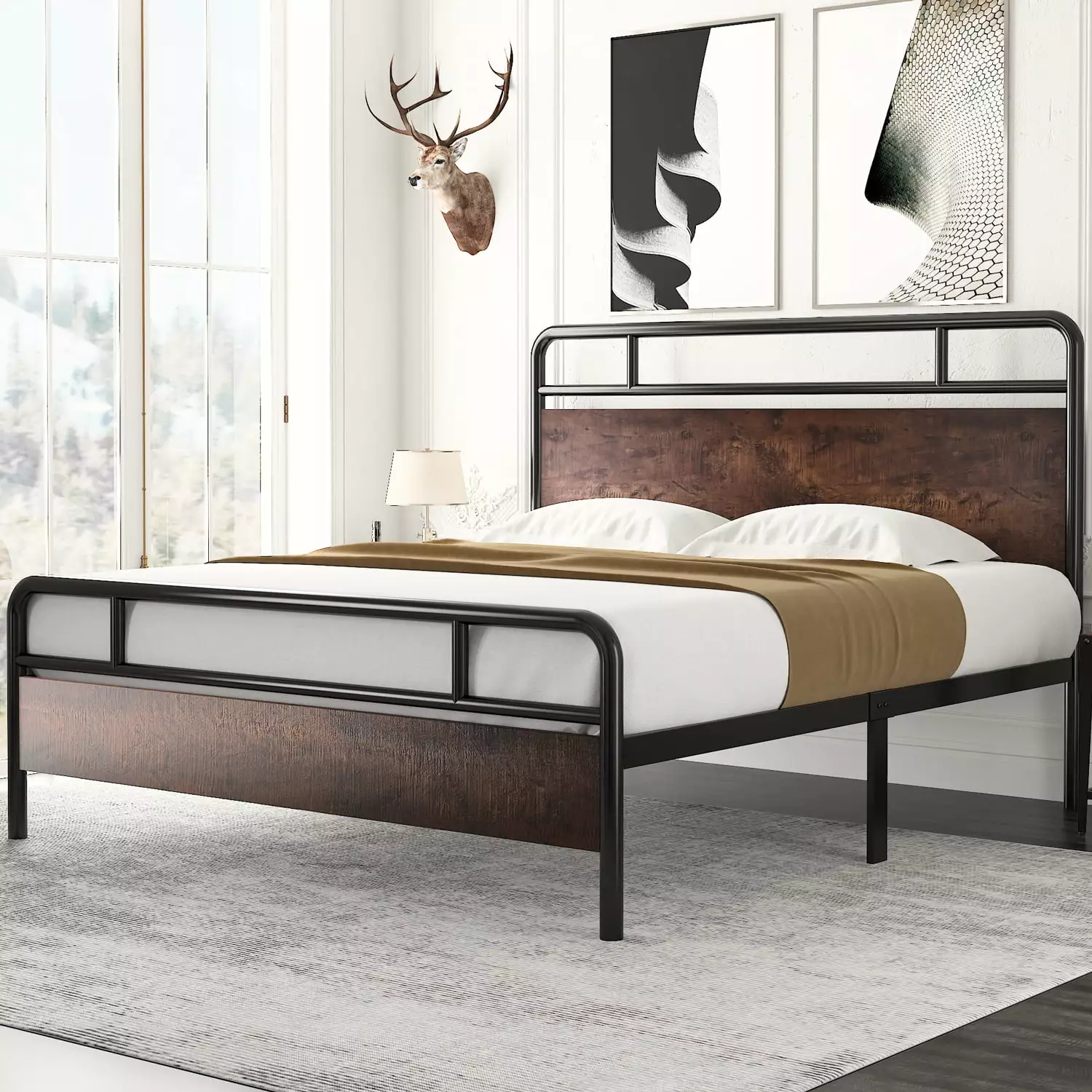 Amolife Queen Size Modern Heavy Duty Metal Platform Bed Frame Wood Headboard Dark Brown