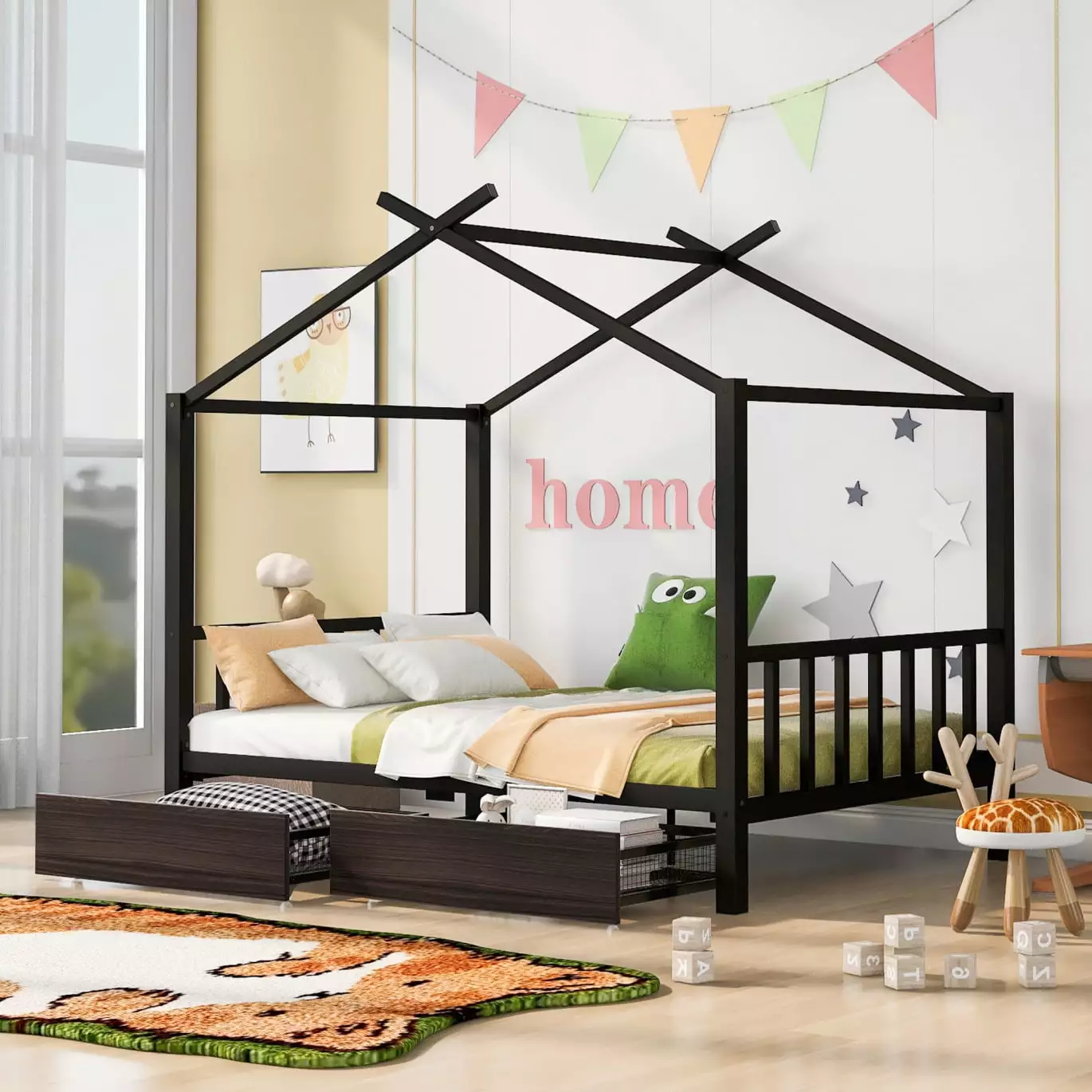 Full Size Metal Houtilize Platform Bed Two Drawers Low Platform Bed Frame Headboard and Footboard Roof Design Houtilize Be...