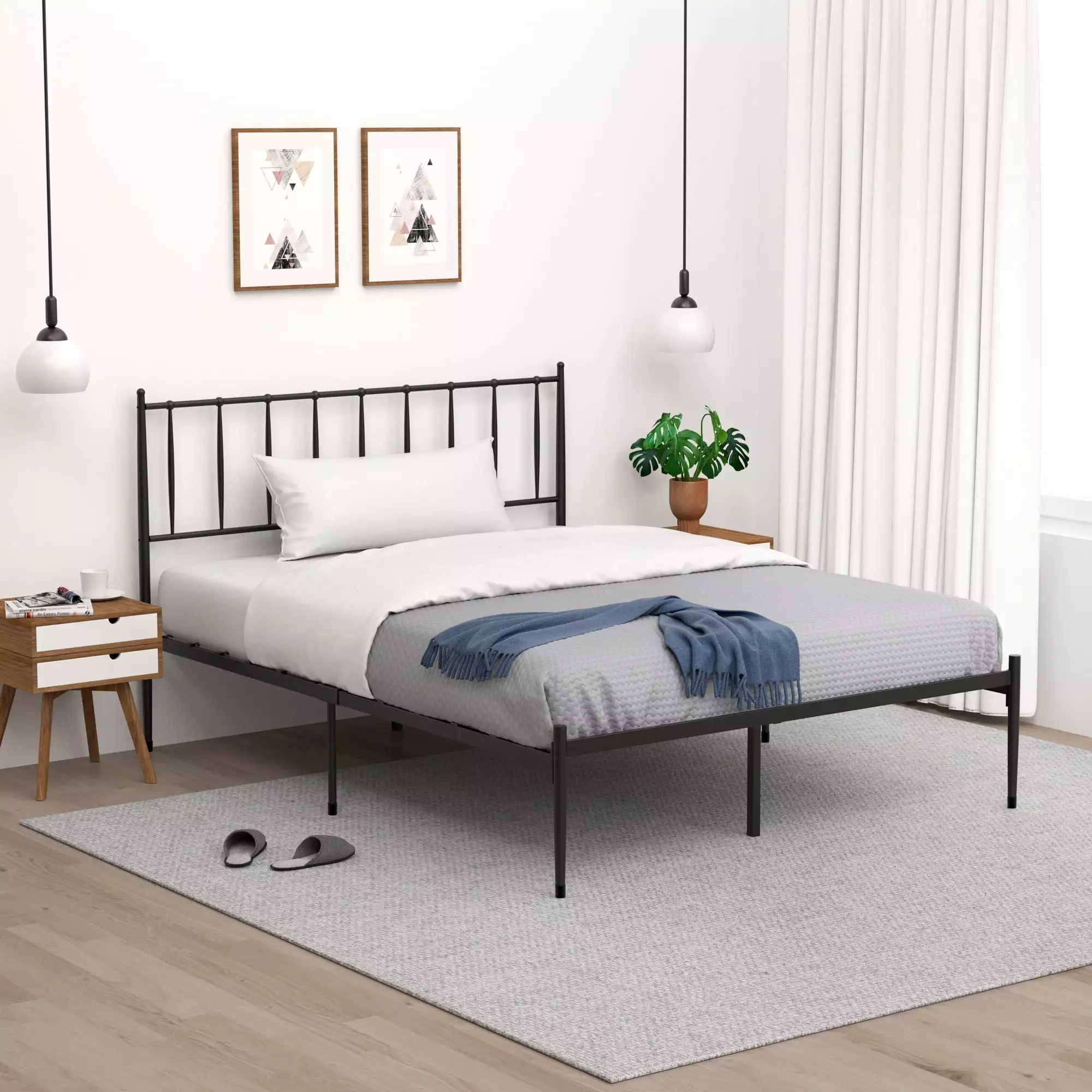 Queen Size Metal Bed Frame Headboard Slat Support 12.3 Storage Height Mattress Foundation BeesClover