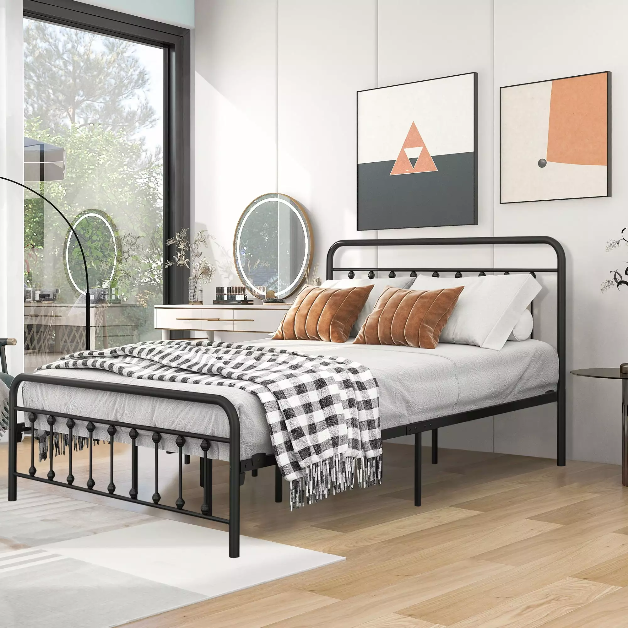BTMWAY Queen Metal Platform Bed Frame Victorian Vintage Headboard and Footboard 450lbs Capacity No Box Spring Black