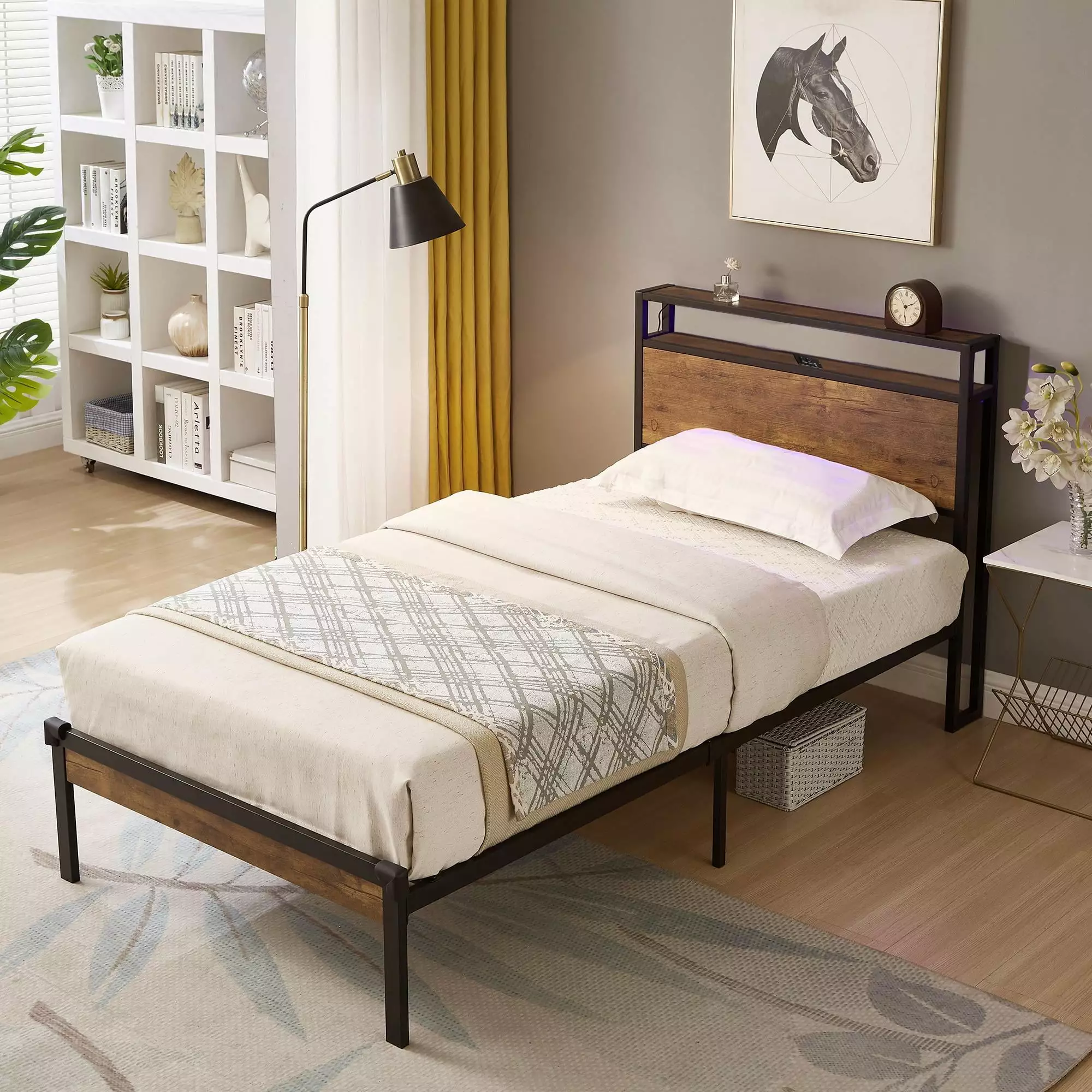 Metal Twin Bed Frame Headboard and USB Ports Brown BTMWAY
