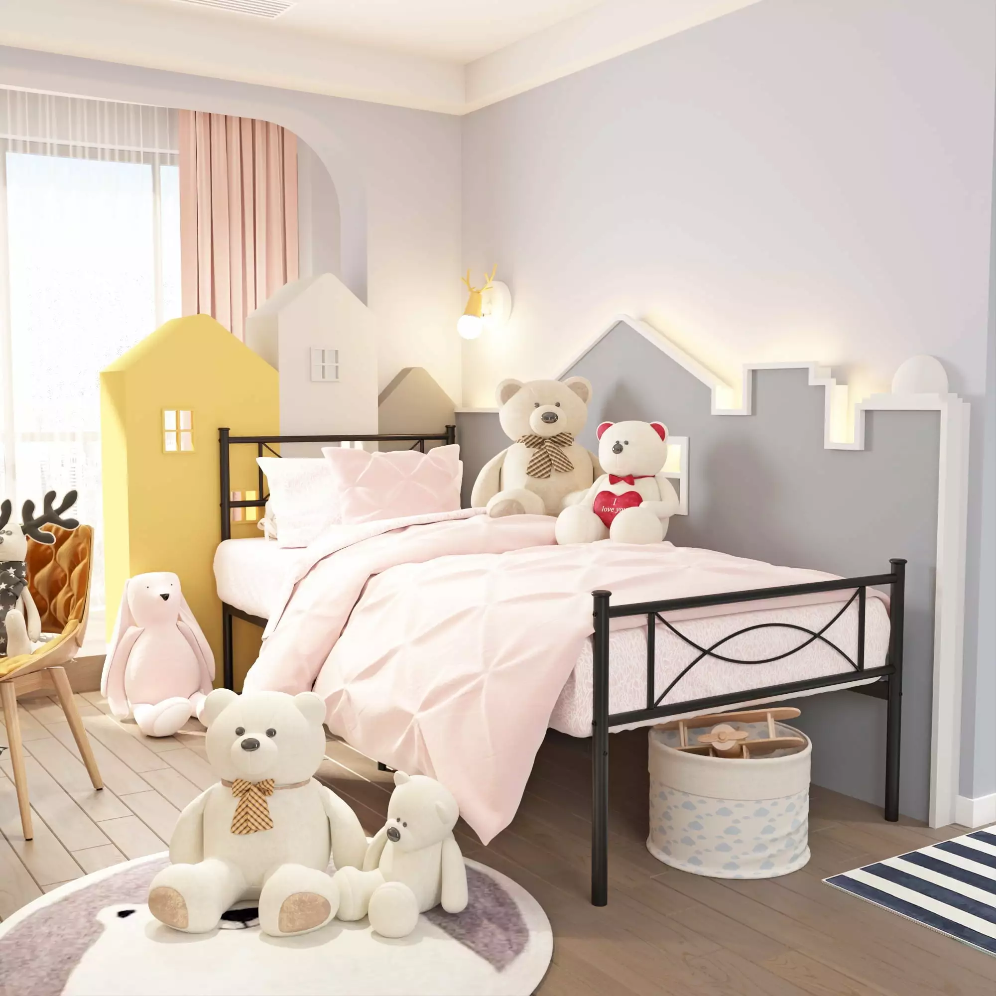 Teraves Twin Metal Bed Frame Two Bowknot Headboards Cheerwing