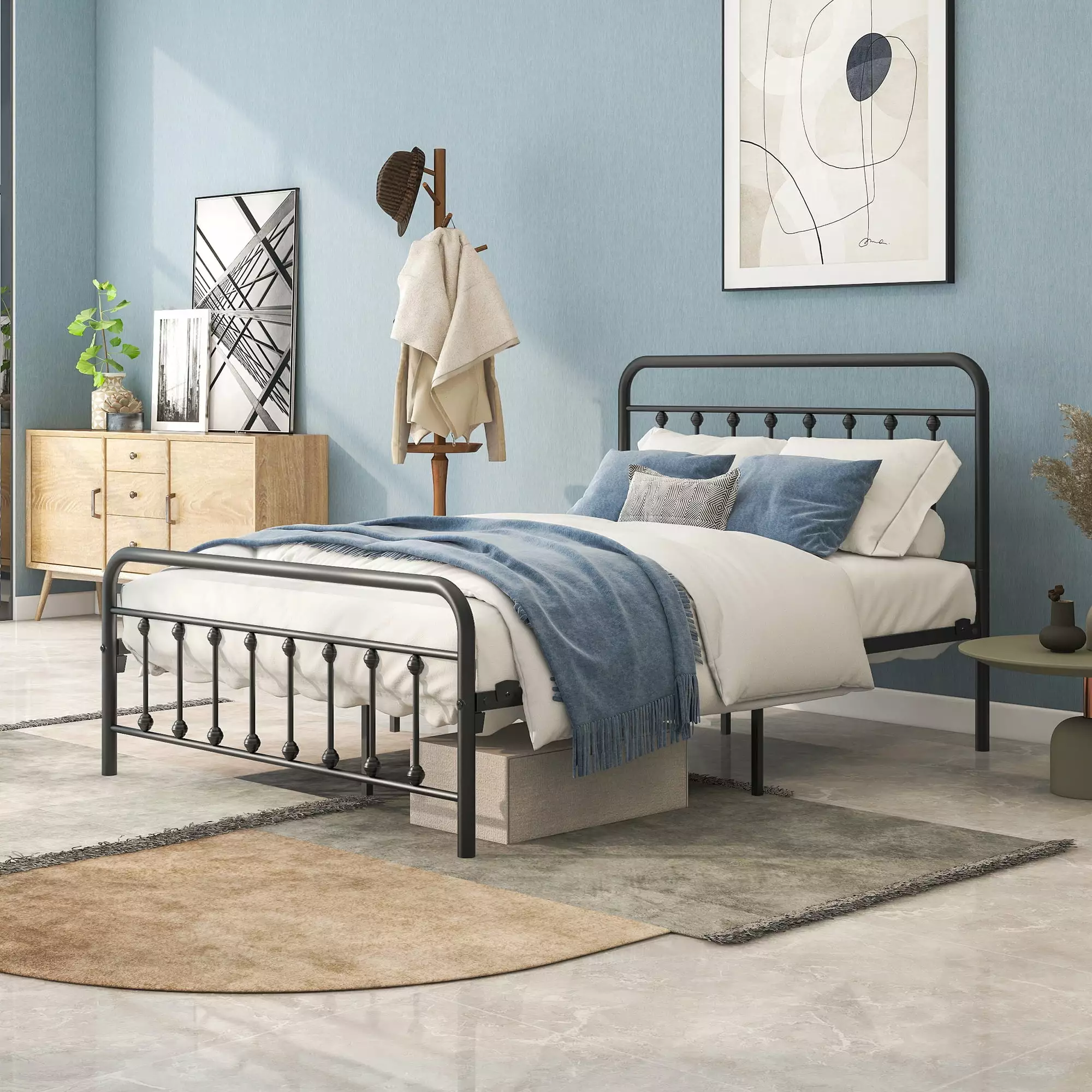 CITYLE FULL Metal Platform Bed Frame Headboard Strong Slat Support No Box Spring Needed Easy Assembly Black