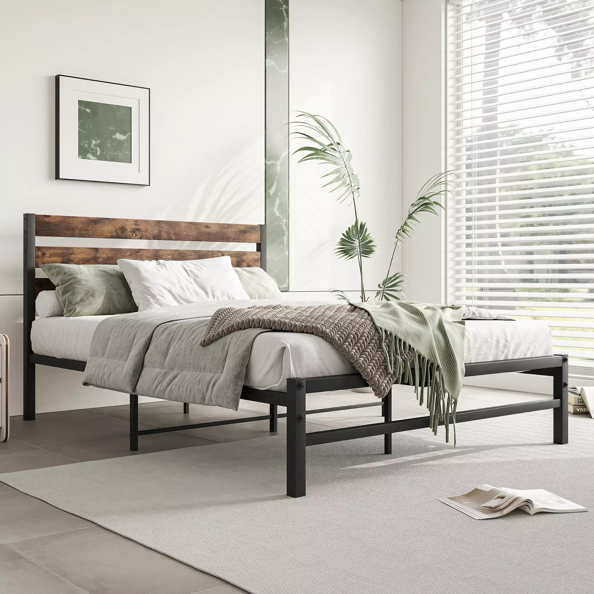 CITYLE Metal Bed Frame Full Size Platform No Box Spring Needed Vintage Headboard and Footboard Luxury Steel Slat Support B...
