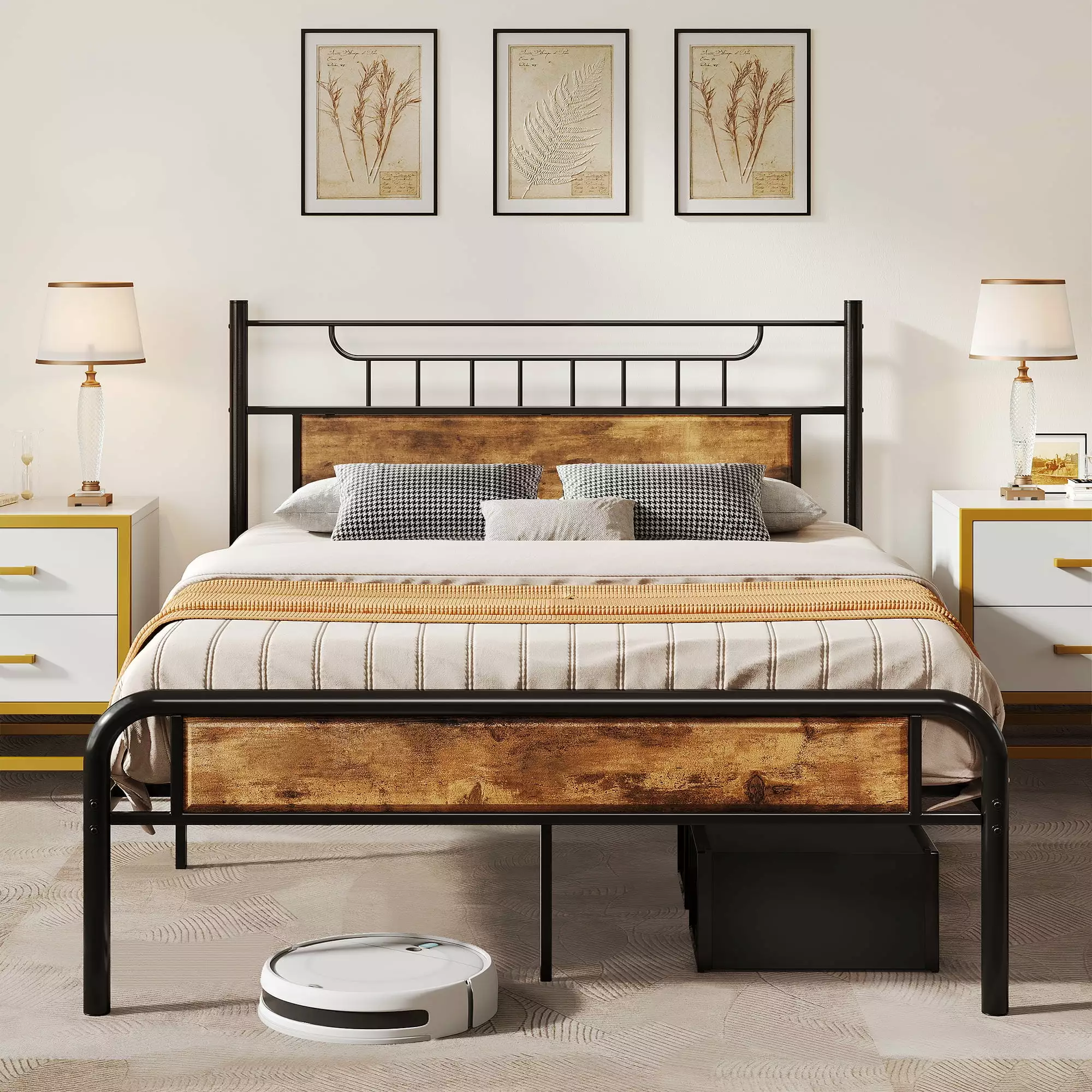Dextrus Farmhouse Queen Platform Metal Bed Frame Headboard - No Box Spring Needed