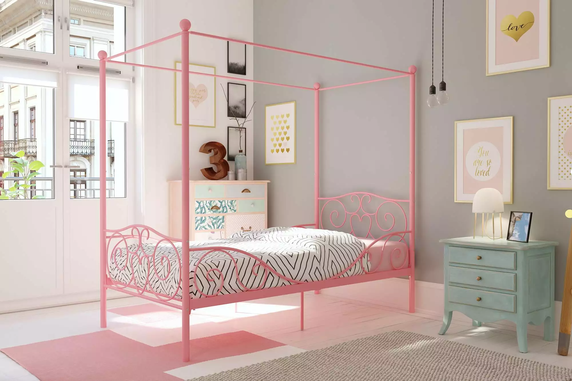 DHP Canopy Metal Twin Bed Pink - Sturdy Frame Kids and Teens