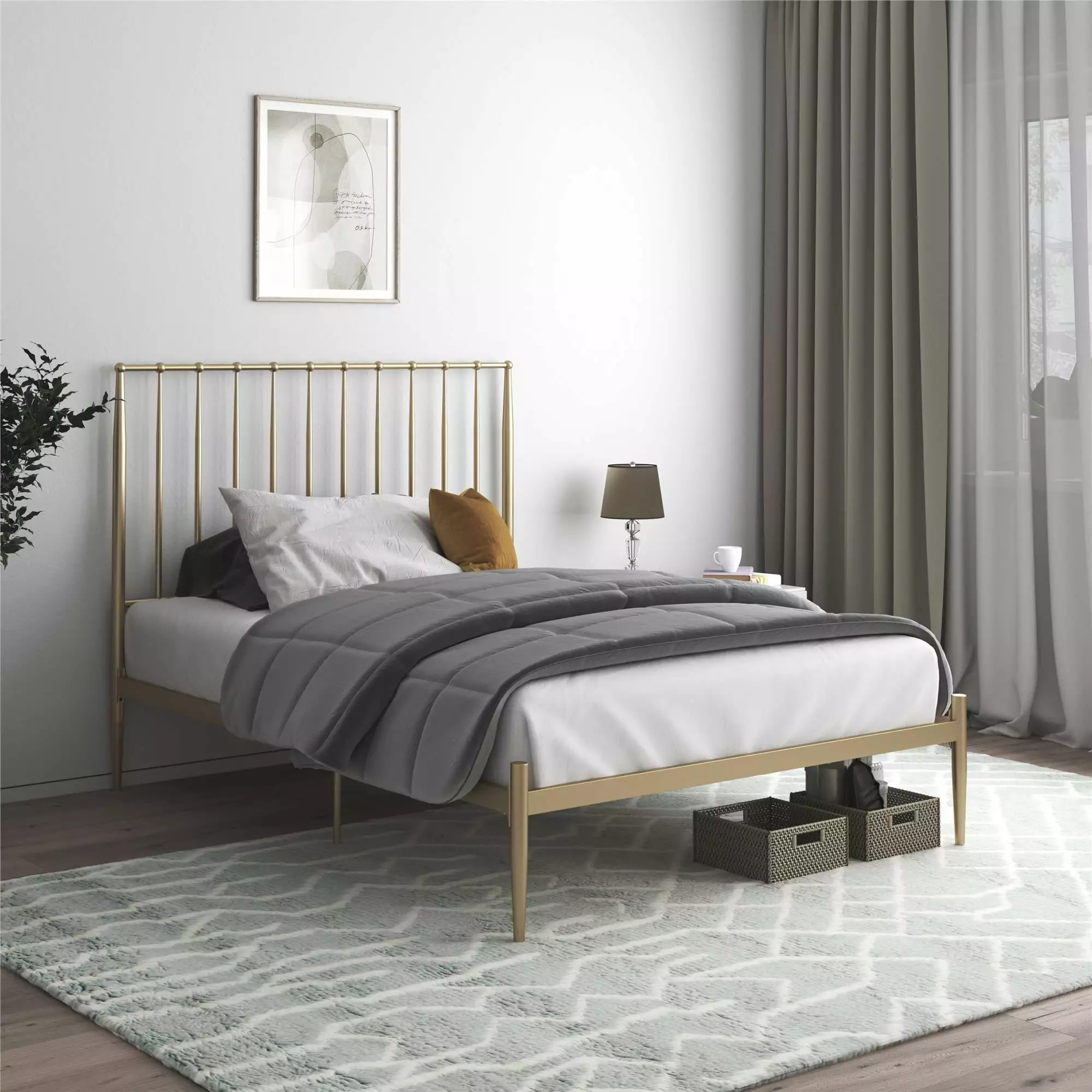 DHP Giulia Metal Platform Bed Headboard and Underbed Storage Space Queen Size Gold Bed Frame
