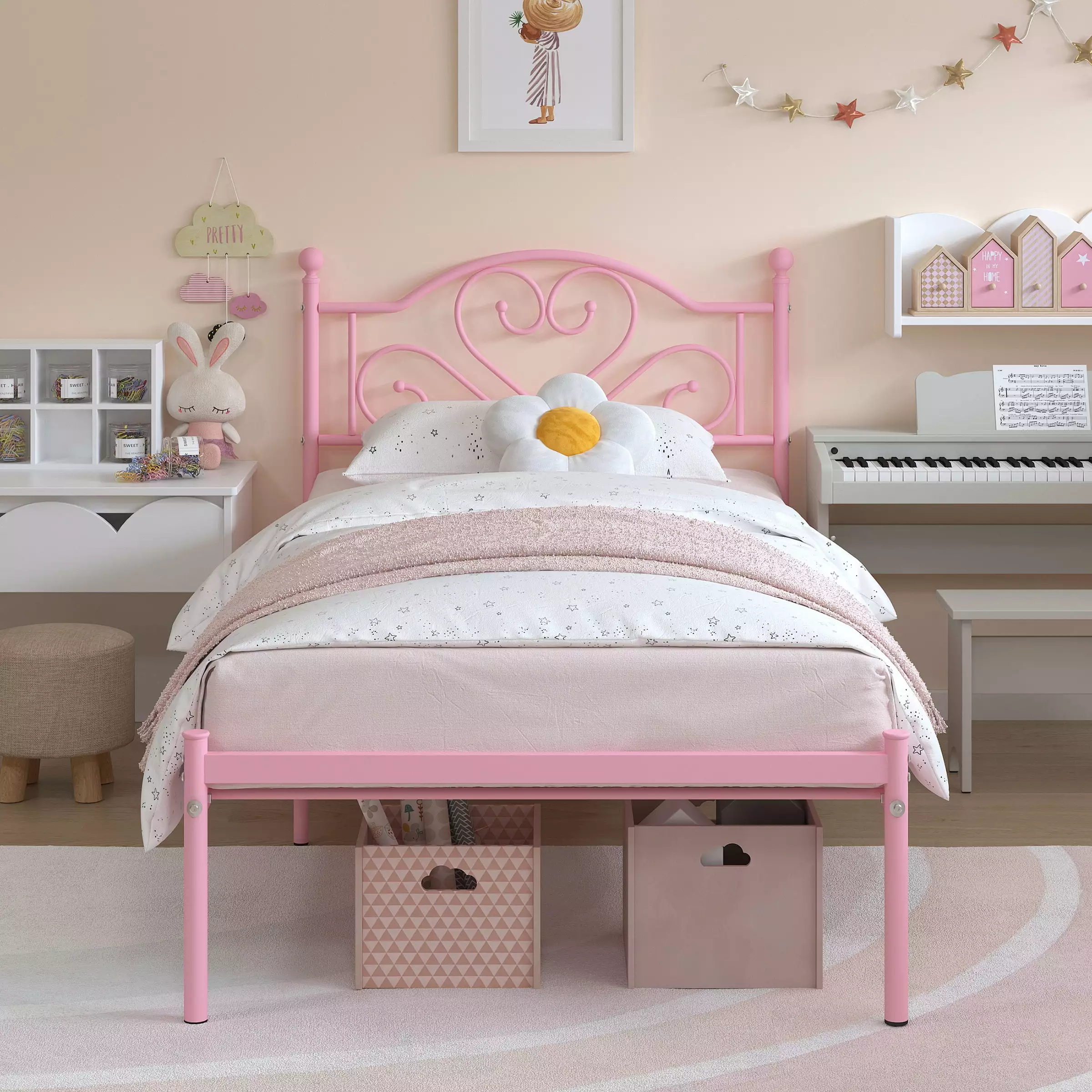 Garmic Twin Bed Frame Girls Metal Platform Bed Vintage Headboard Pink