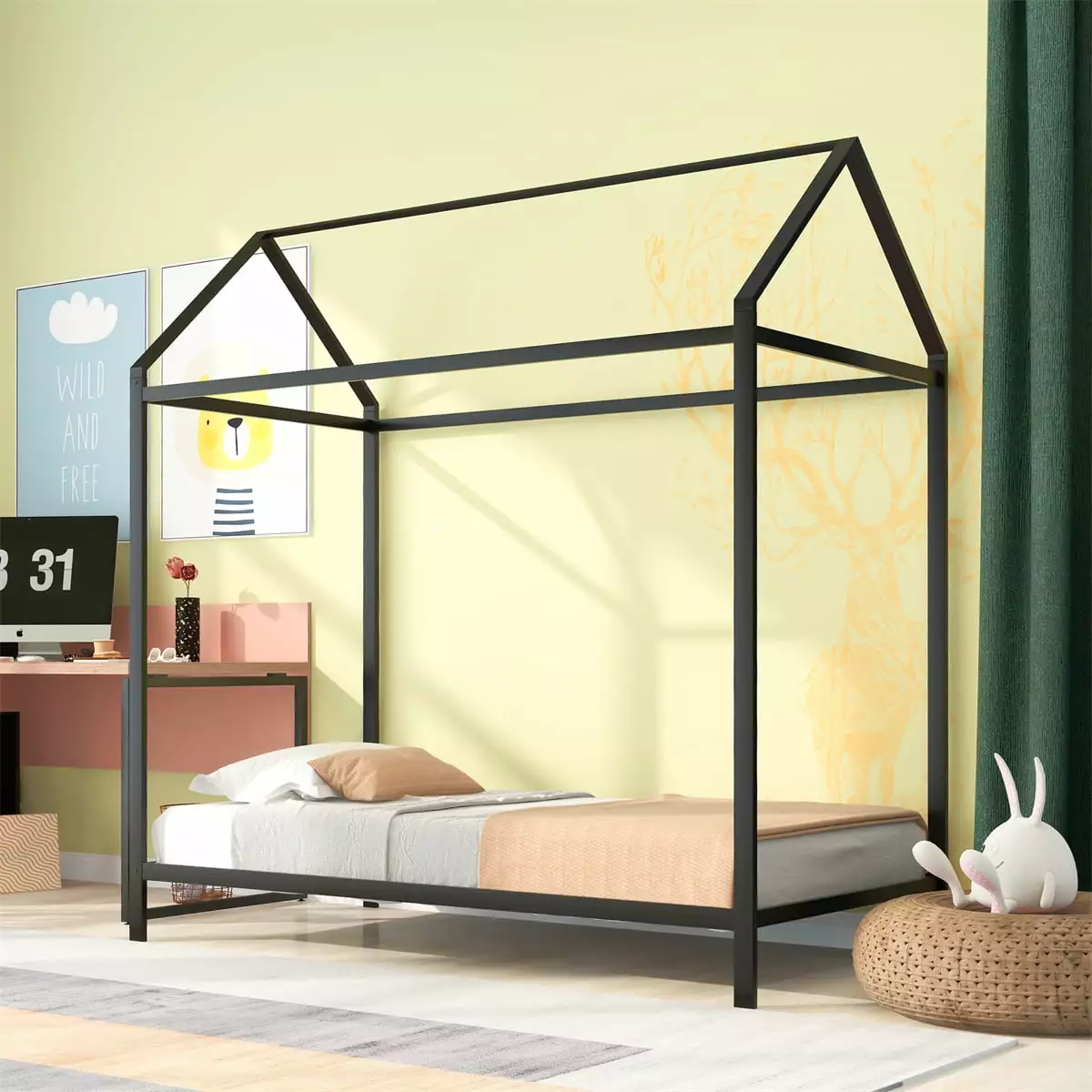 INCLAKE Twin Size Houtilize Bed Frame Multi-functional Metal Platform Bed Roof Kids No Box Spring Needed Black