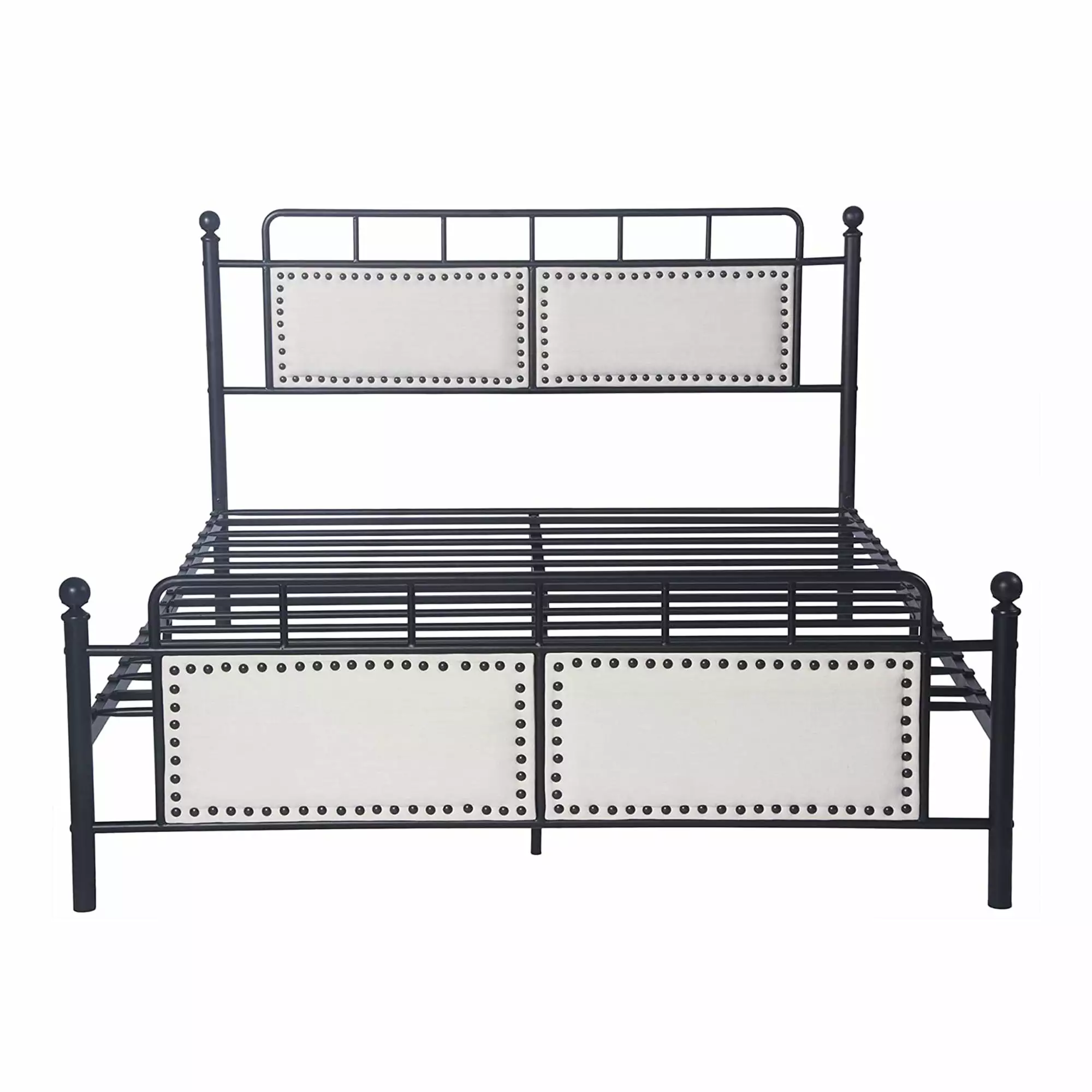 Karmas Product Metal Bed Upholstered Headboard - Queen Size Black Steel Slat Support Bed Frame