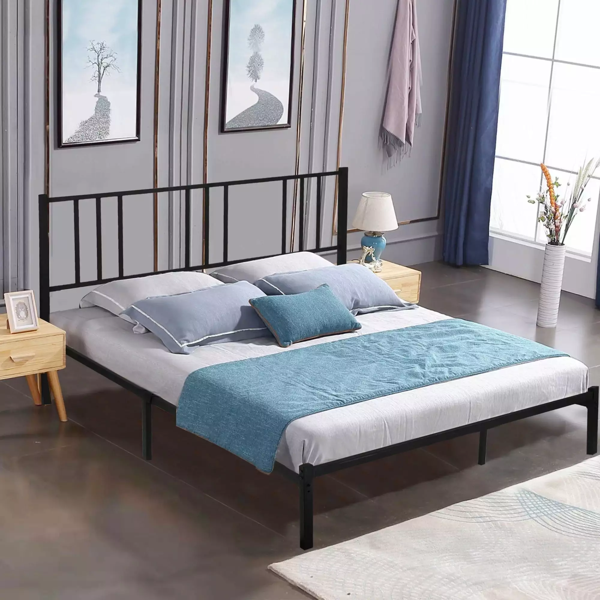 Karmas Product Queen Bed Frame Headboard Sturdy Metal Slat Support Noise Free Anti-Slip Black