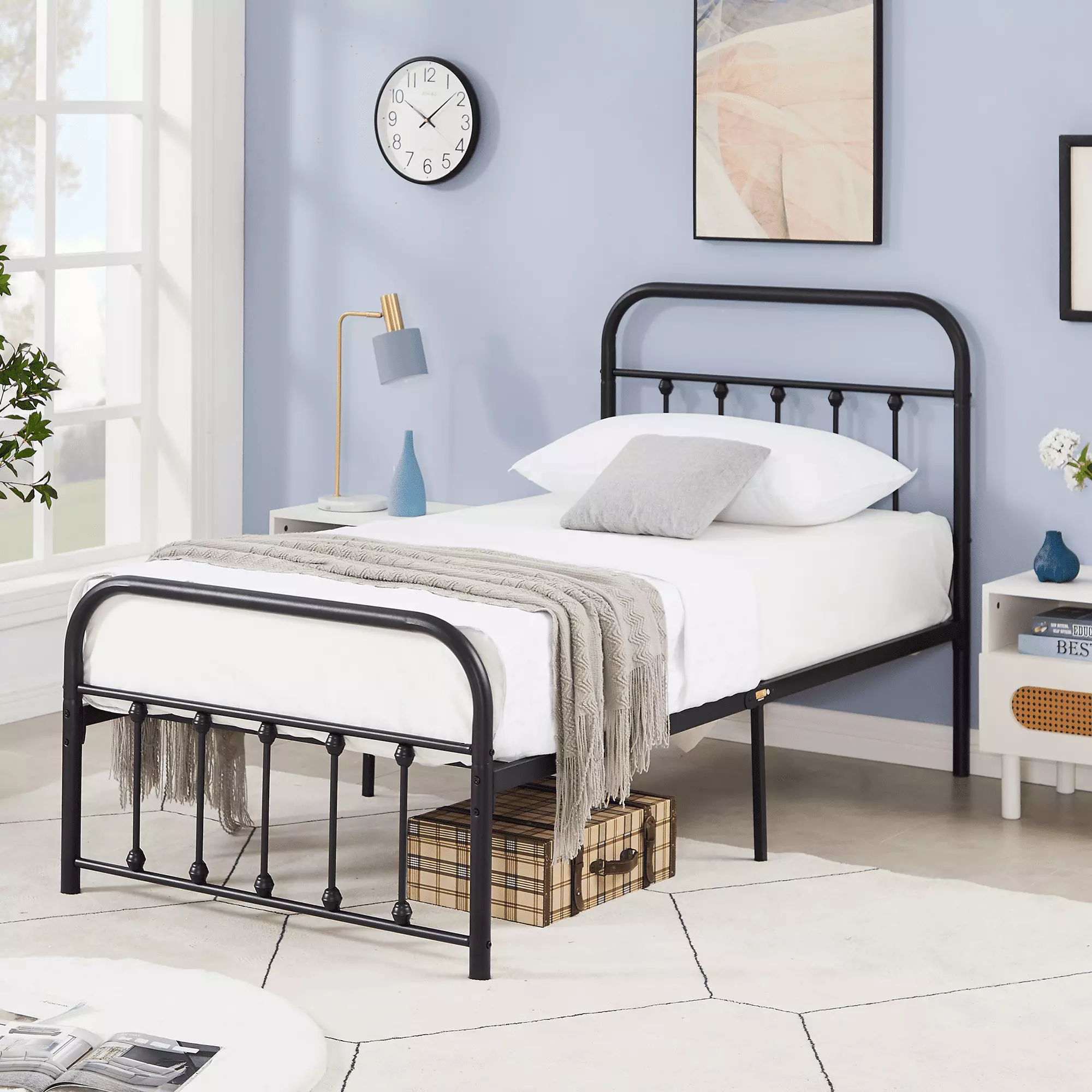 Katkuca Twin Metal Platform Bed Frame Headboard and Footboard Kids Teens