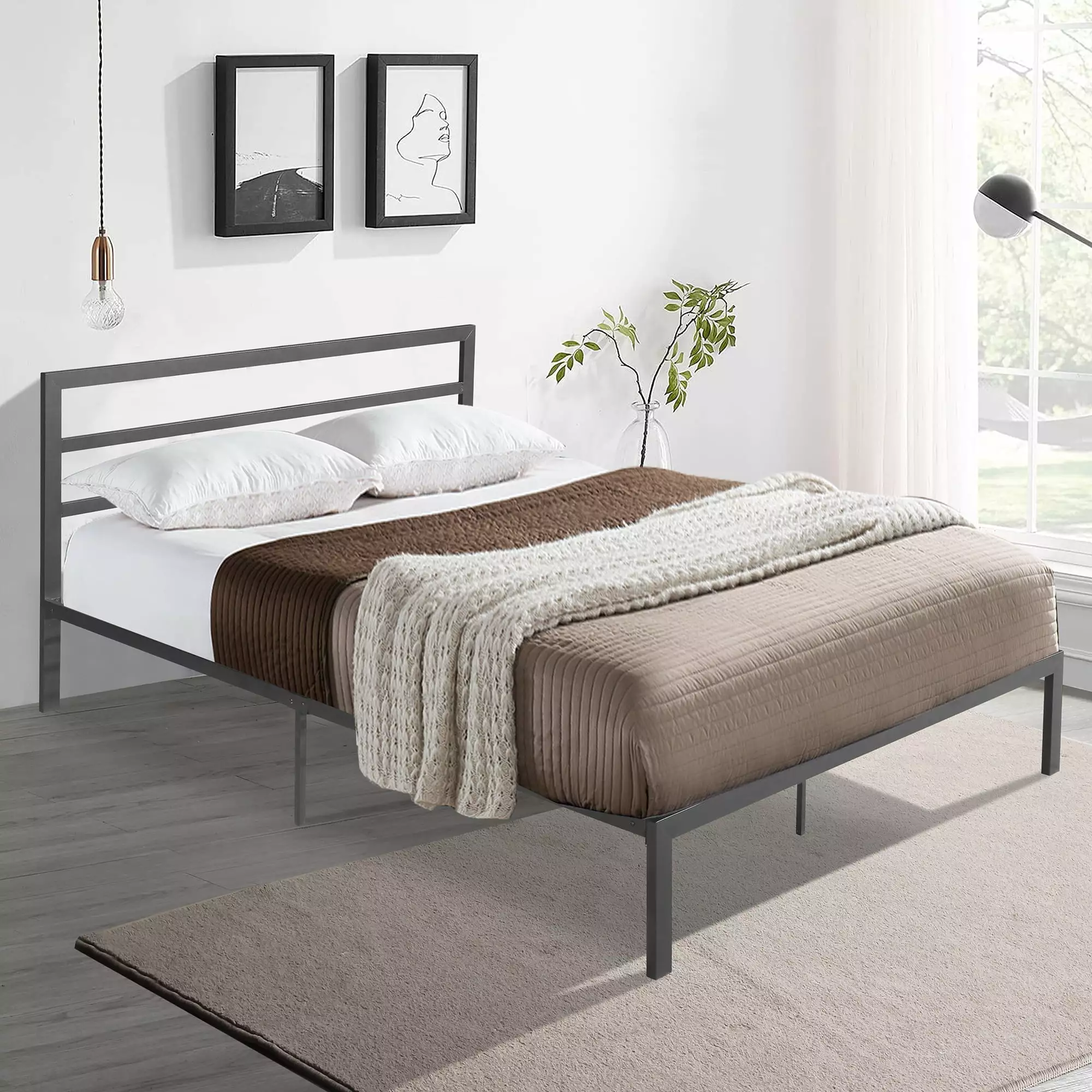 Queen Bed Frame Headboard Heavy Duty Metal Platform Under-Bed Storage Charcoal Grey Segmart