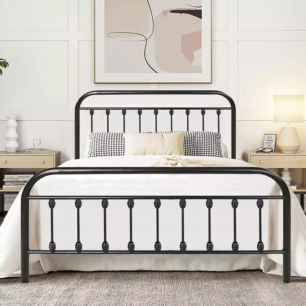 SESSLIFE Queen Size Victorian Style Iron Bed Frame Headboard Black