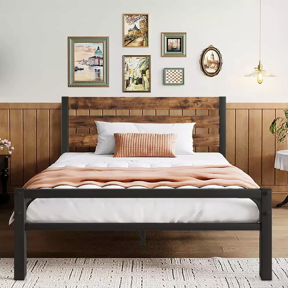 SESSLIFE Vintage Queen Size Metal Bed Frame Wood Headboard No Box Spring Needed