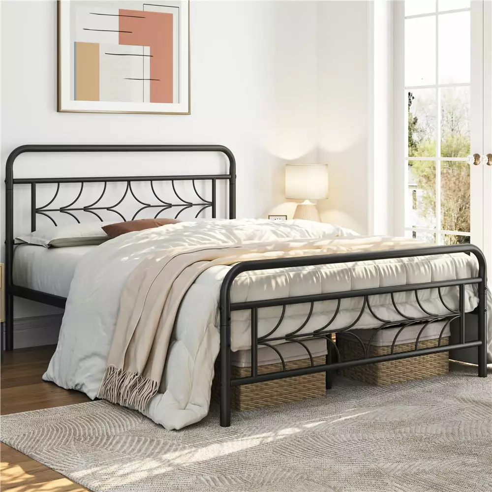 Topeakmart Modern Full Size Metal Bed Headboard and Footboard Black