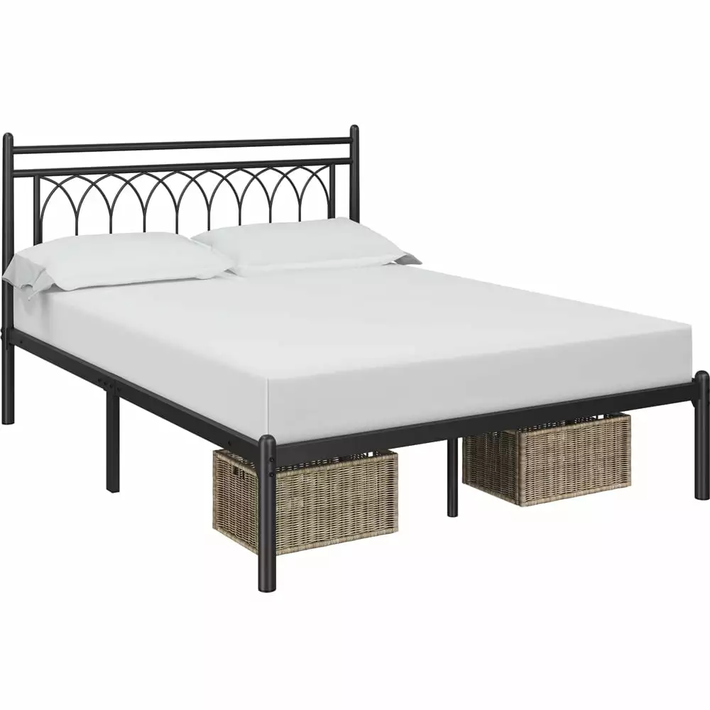 Topeakmart Modern Queen Size Metal Platform Bed Petal Accented Headboard Black