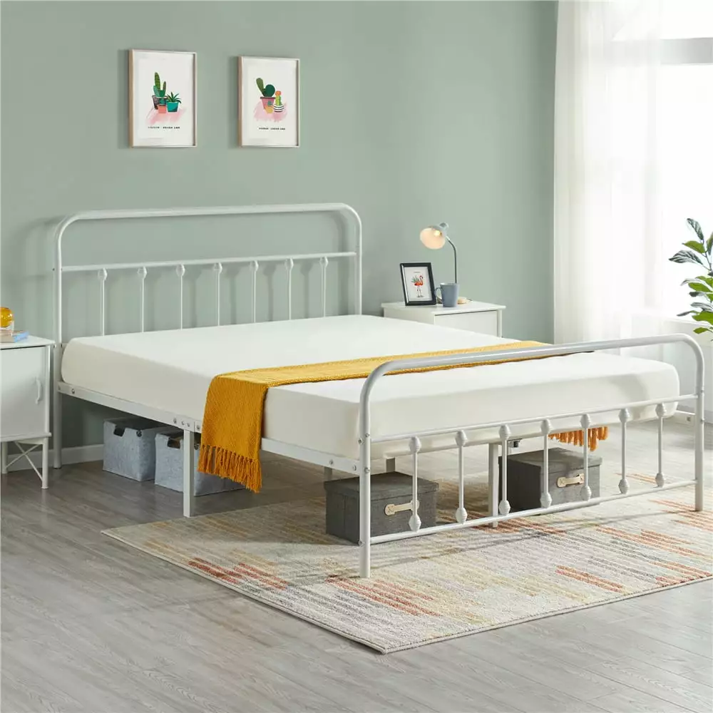 Topeakmart Queen Metal Bed Frame Spindle Headboard and Footboard White