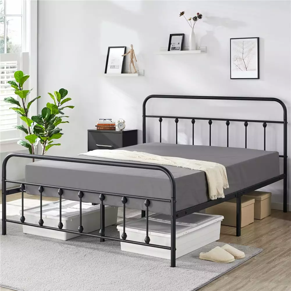 Topeakmart Timeless Metal Bed Frame High Headboard and Footboard Queen Size Black