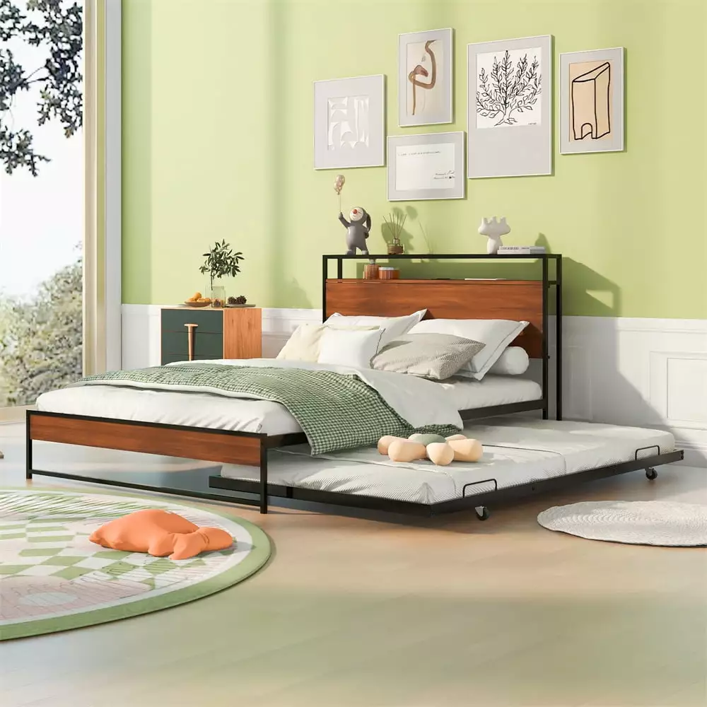 Metal Platform Bed Frame Trundle USB Ports Storage Headboard Full Size Black Triple Tree
