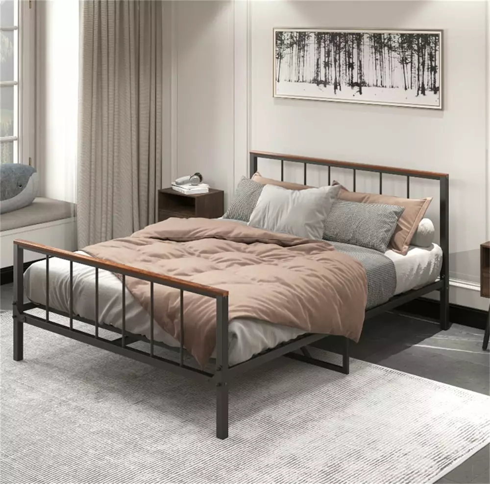 Queen Metal Platform Bed Frame Headboard and Footboard Sturdy Black No Box Spring Needed Triple Tree