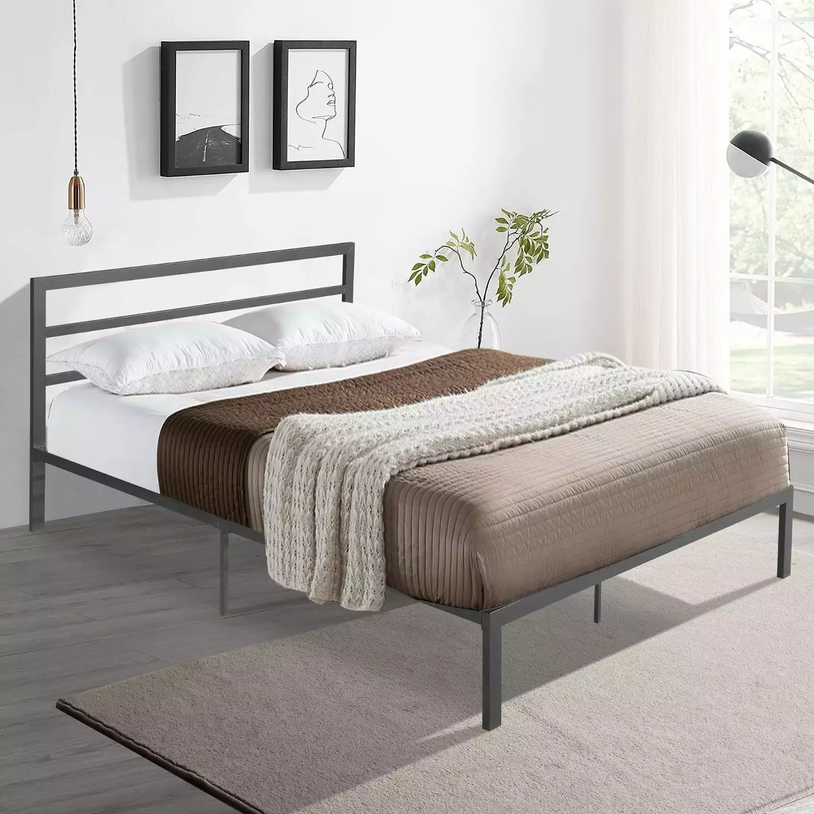 Queen Size Metal Bed Frame Platform Bed Headboard and Sturdy Slats Support Kids Adults Bedroom Apartment No Box Spring Nee...
