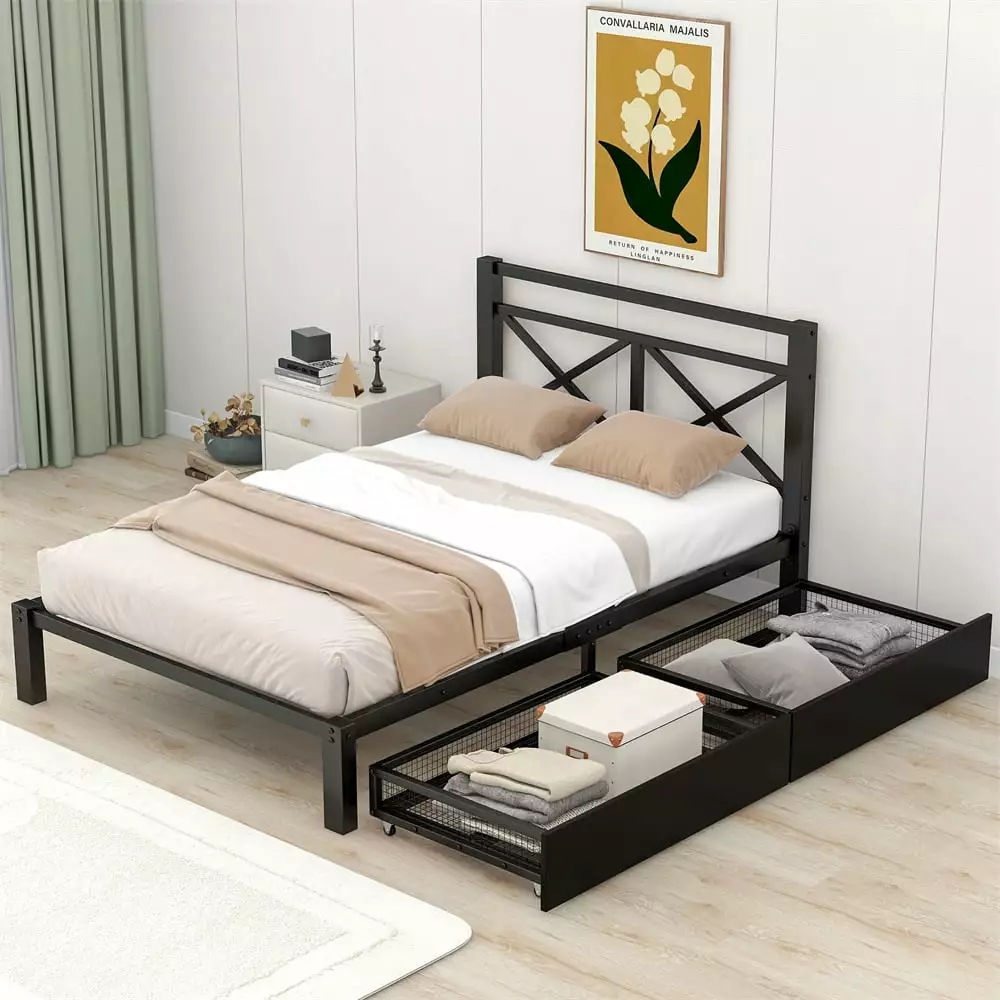 Twin Size Metal Platform Bed Frame Two Storage Drawers and Headboard Kids Teens Adults Mattress Foundation Steel Slat Supp...