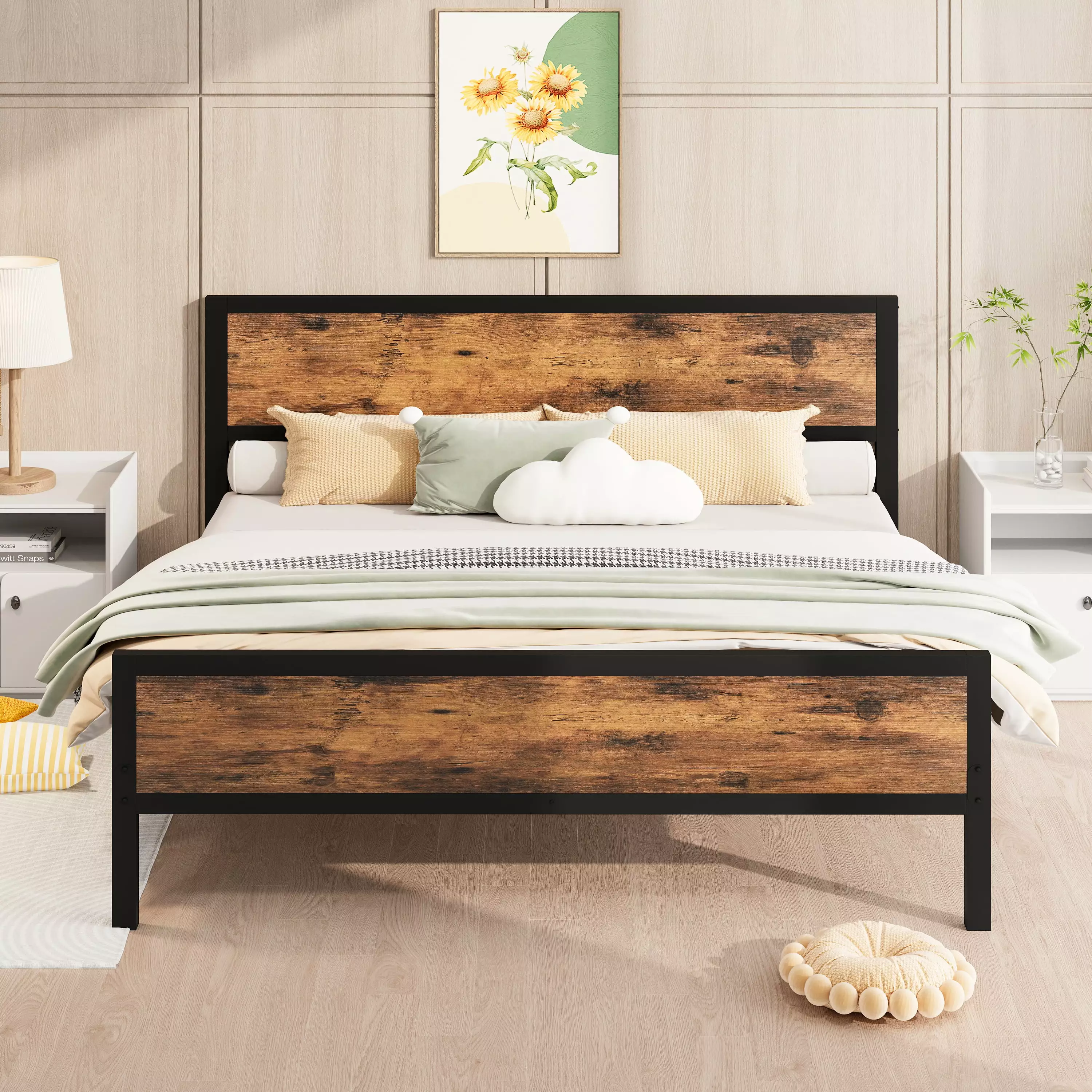 uhomepro Full Size Platform Bed Frame Headboard and Footboard, Metal Frame Storage