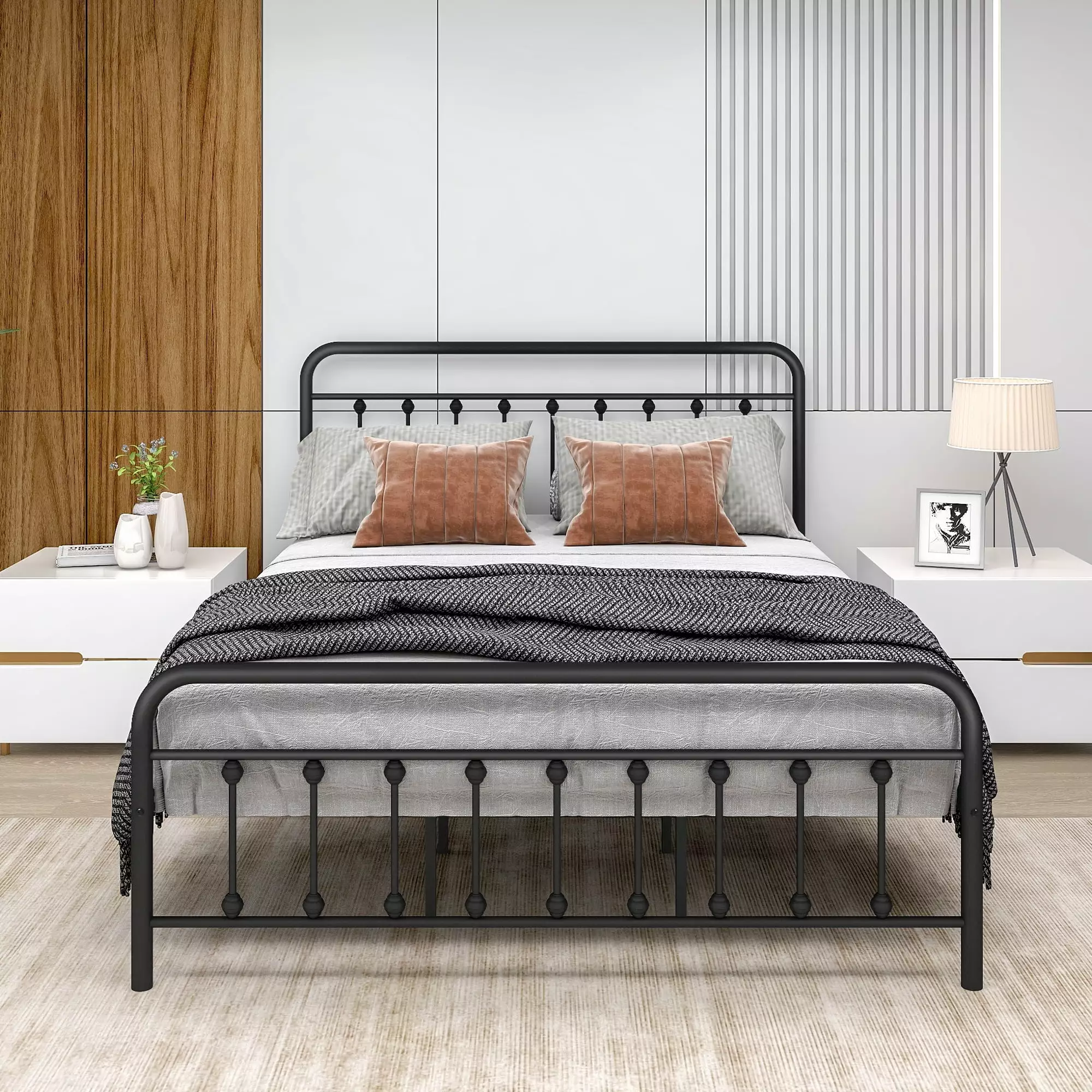 uhomepro Metal Bed Frame Queen Size Vintage Headboard and Footboard Platform Base Wrought Iron Bed Frame