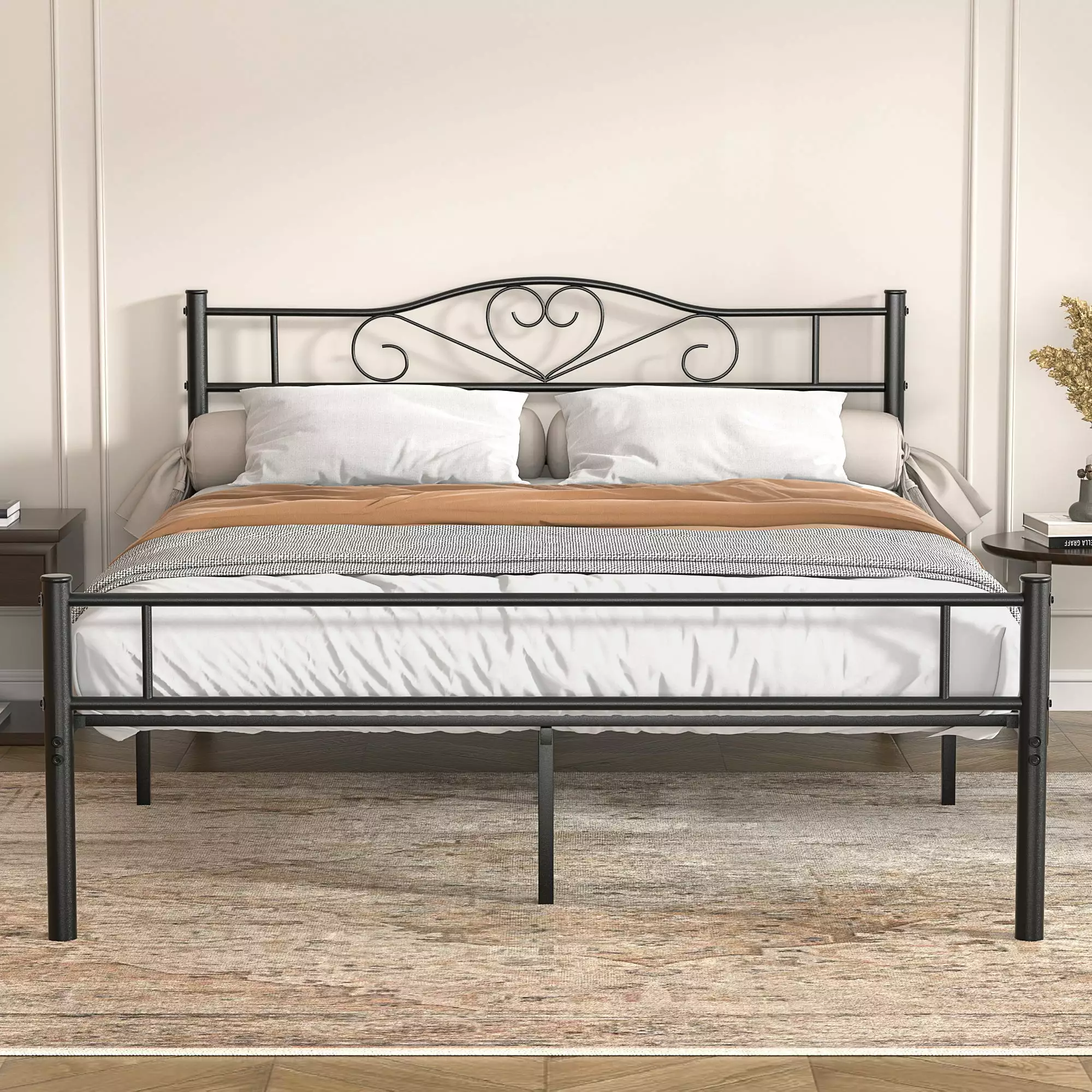 VECELO Timeless Metal Platform Bed Frame Headboard No Box Spring Needed Queen Size Black