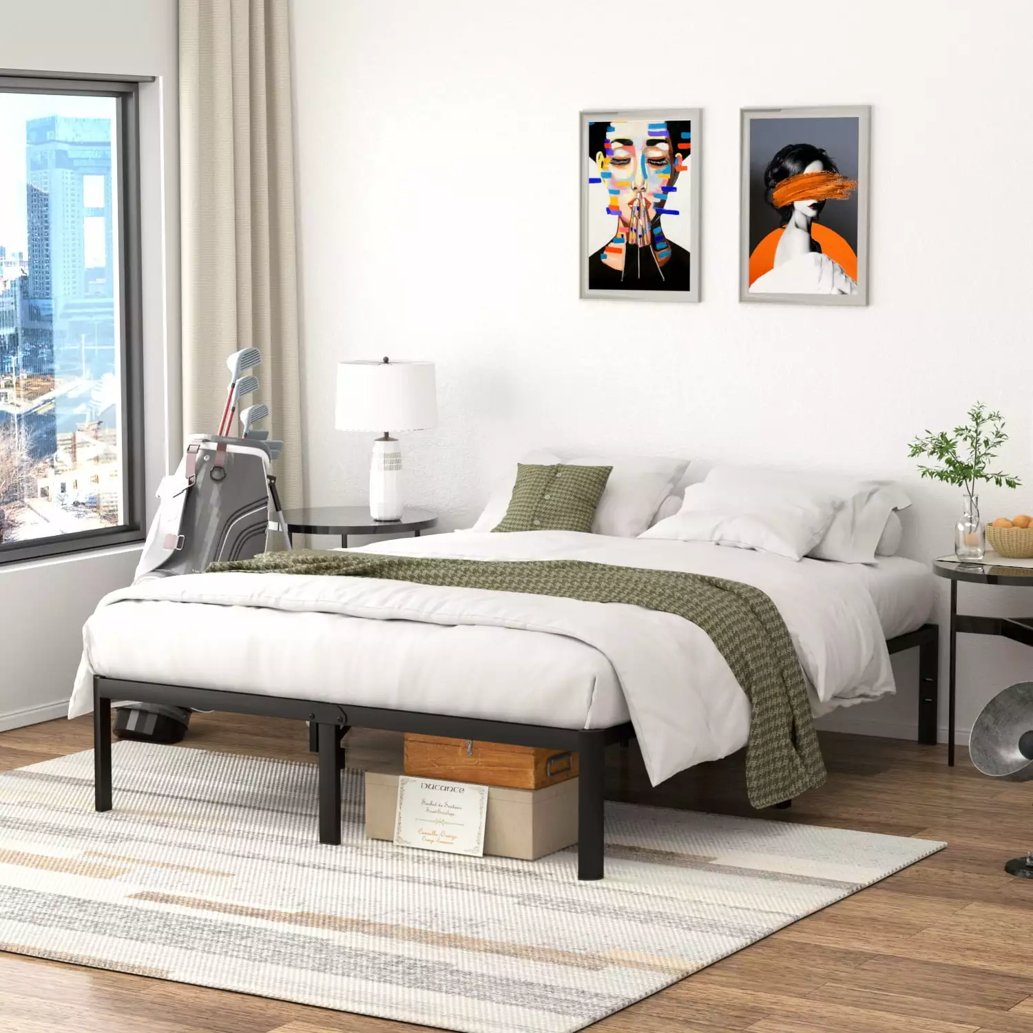 VENI 14 Heavy Duty Steel Rounded Edge Deluxe Metal Slat Bed Frame No Box Spring Needed Queen
