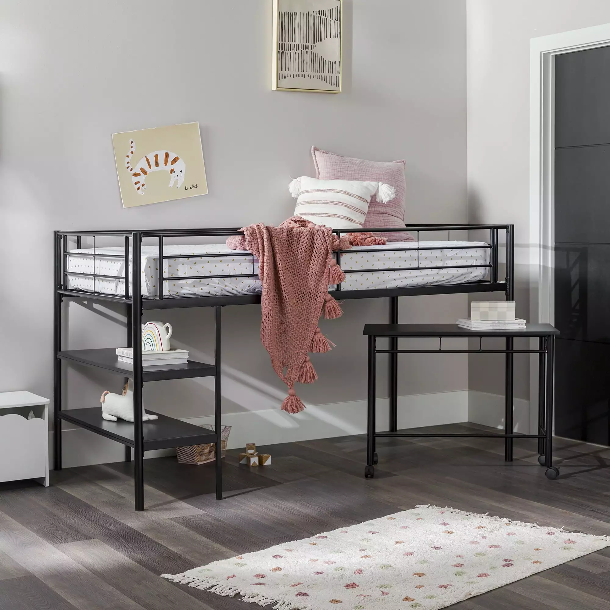 Walker Edison Twin Metal Loft Bed Desk Shelving Black Space Saving Bed