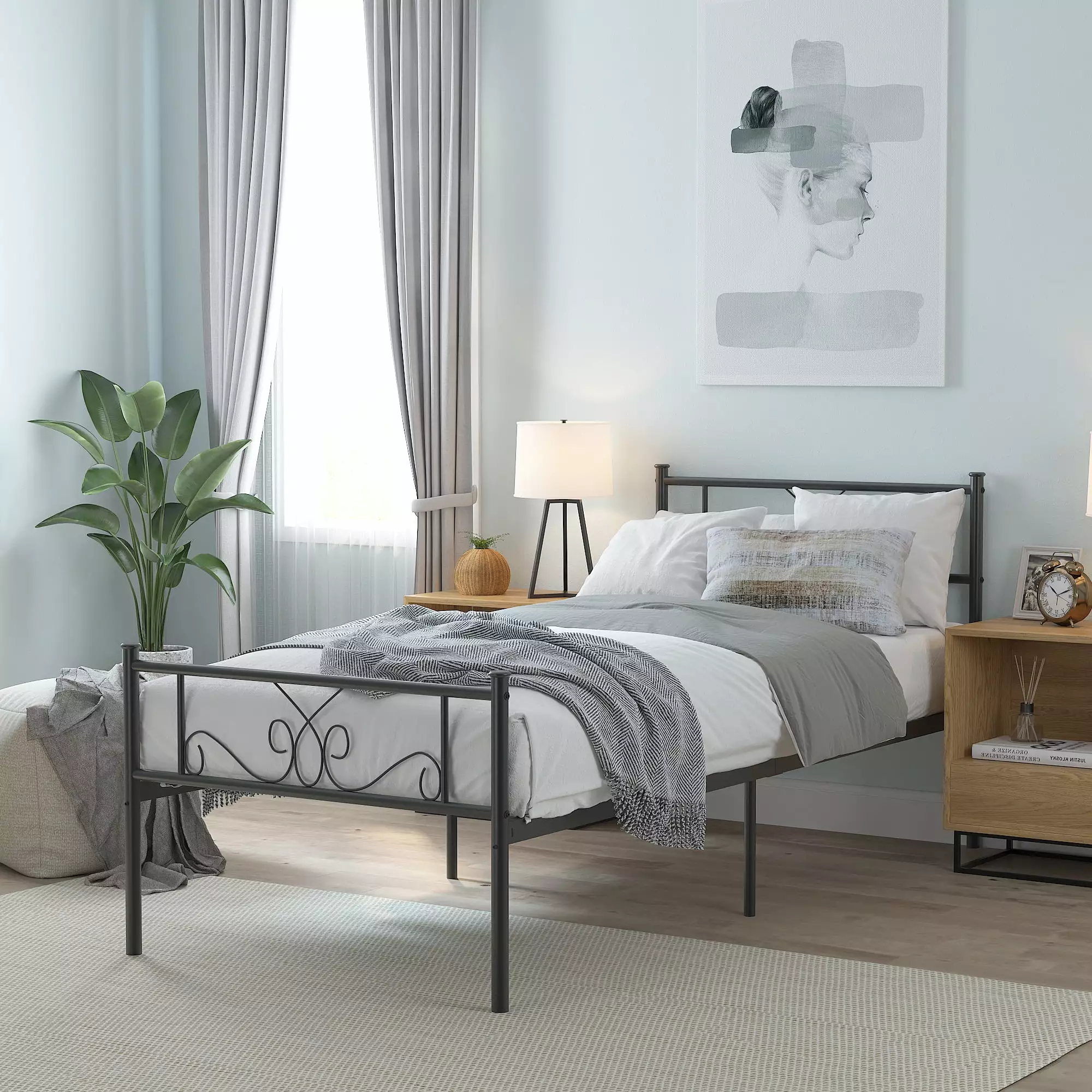 Yoneston Twin Size Metal Platform Bed Frame Headboard Kids Teens Adults Black