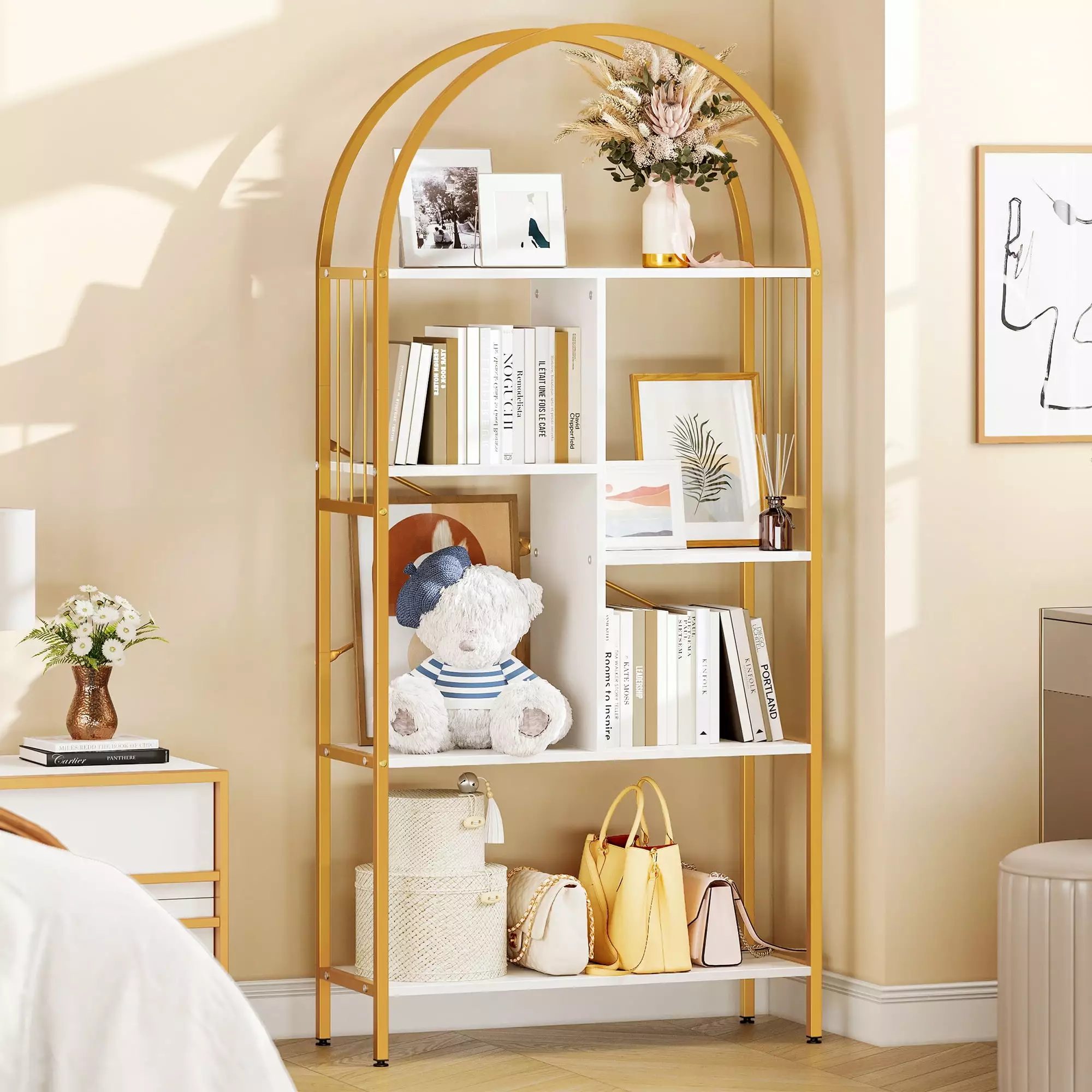 DWVO 5 Tier Arched Bookshelf and Bookcase Gold Standing Book Shelf Metal Frame Storage Display Rack Bedroom Living Room Of...