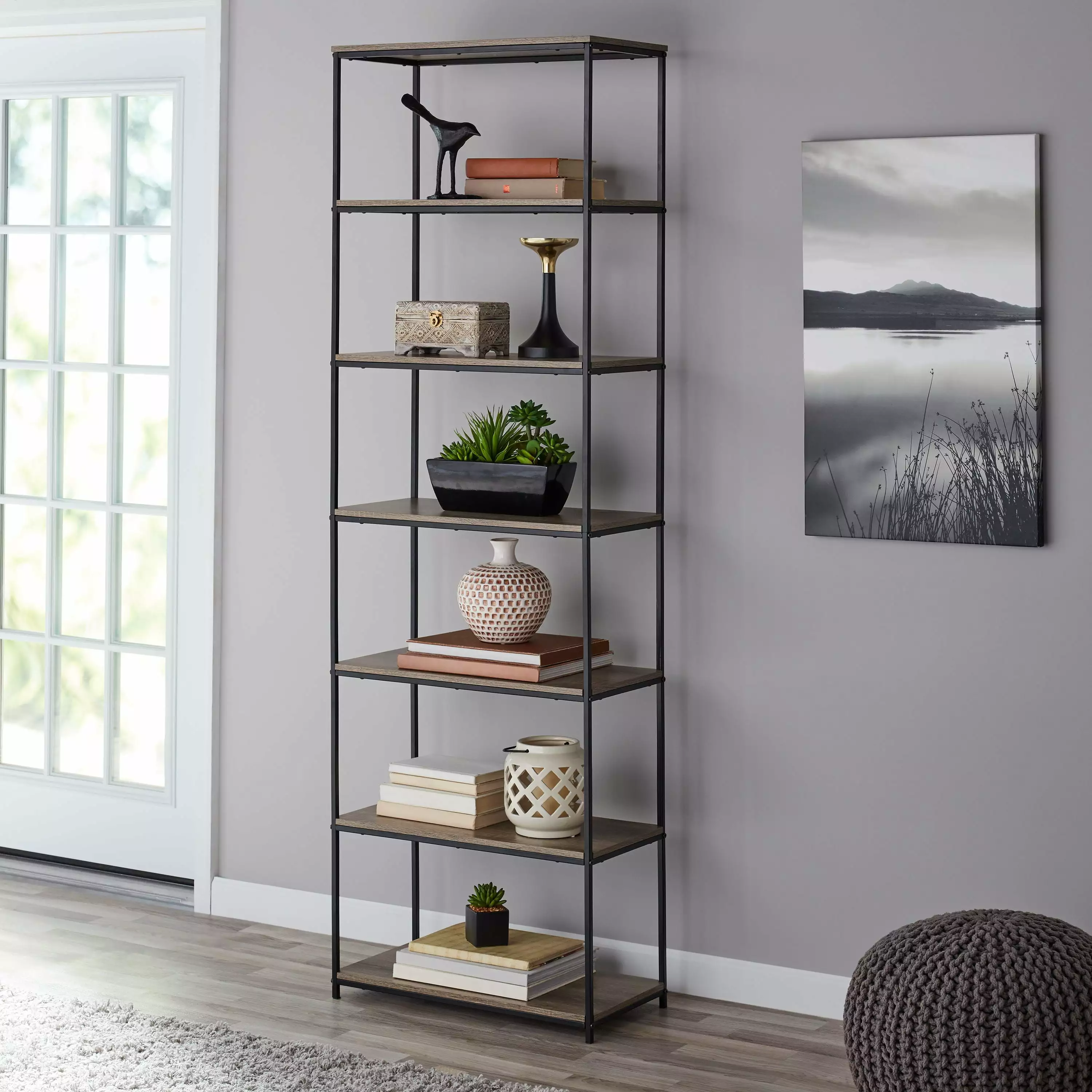 Mainstays 6-Shelf Metal Frame Bookcase - Rustic Brown