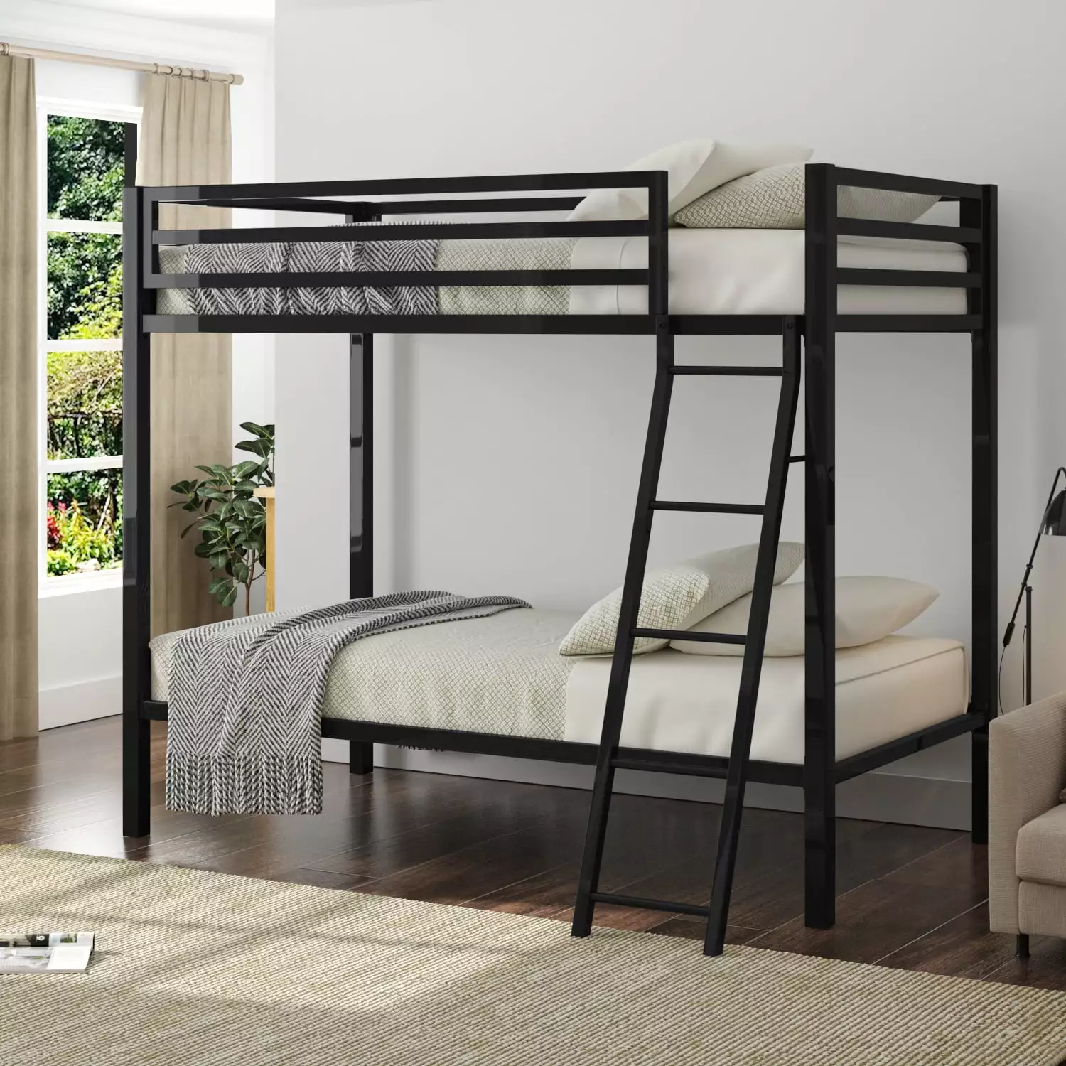 Allewie Metal Bunk Bed Twin Over Twin Black Space Saving Angled Ladder and Guardrail